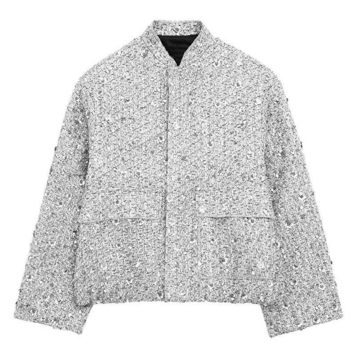 Sparkling Sequin Aviator Jacket with Soft Faux Shearling Lapels and Trim