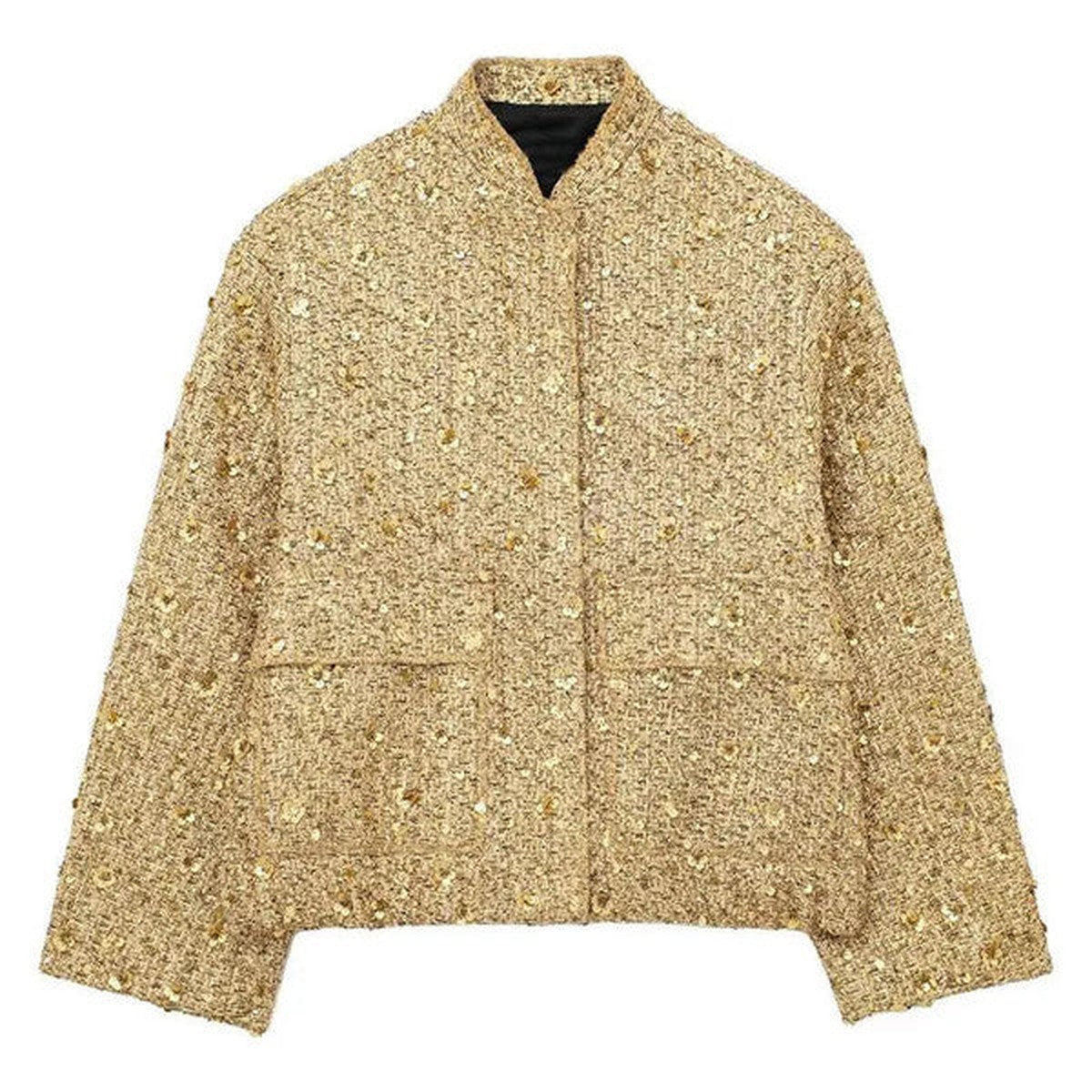 Sparkling Sequin Aviator Jacket with Soft Faux Shearling Lapels and Trim