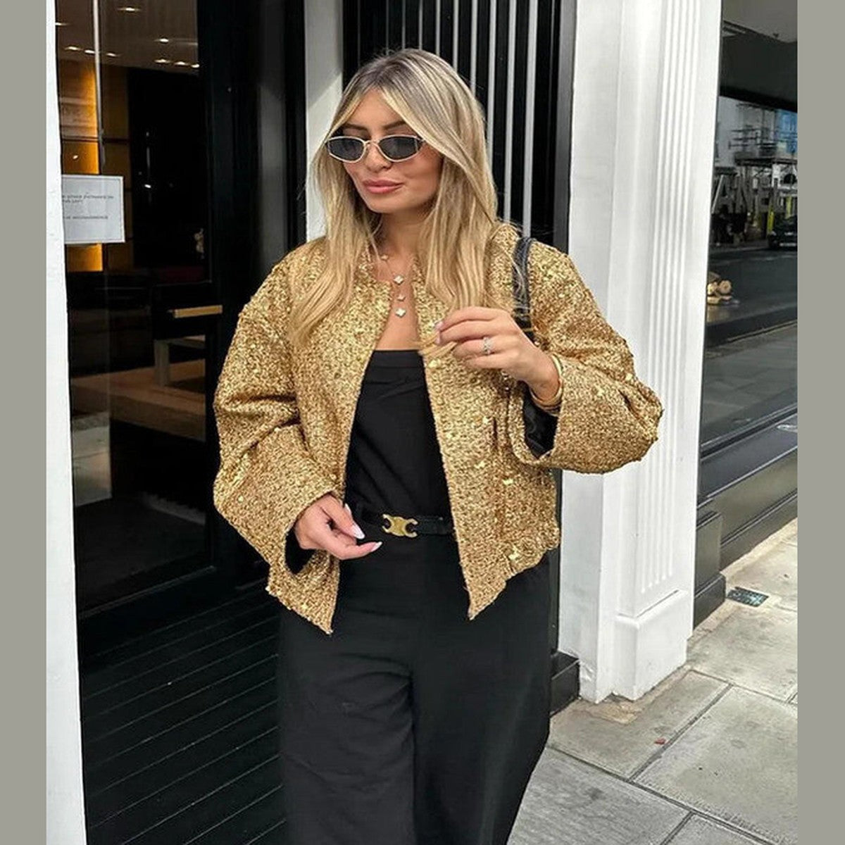 Sparkling Sequin Aviator Jacket with Soft Faux Shearling Lapels and Trim