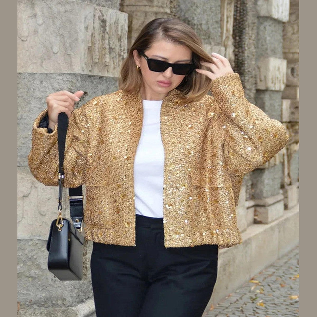 Sparkling Sequin Aviator Jacket with Soft Faux Shearling Lapels and Trim