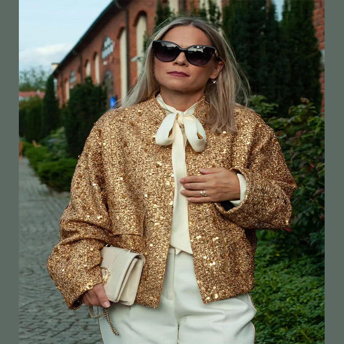 Sparkling Sequin Aviator Jacket with Soft Faux Shearling Lapels and Trim