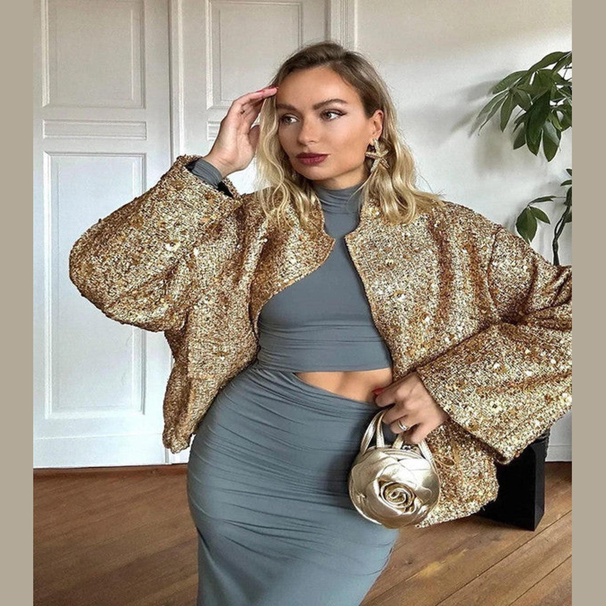 Sparkling Sequin Aviator Jacket with Soft Faux Shearling Lapels and Trim