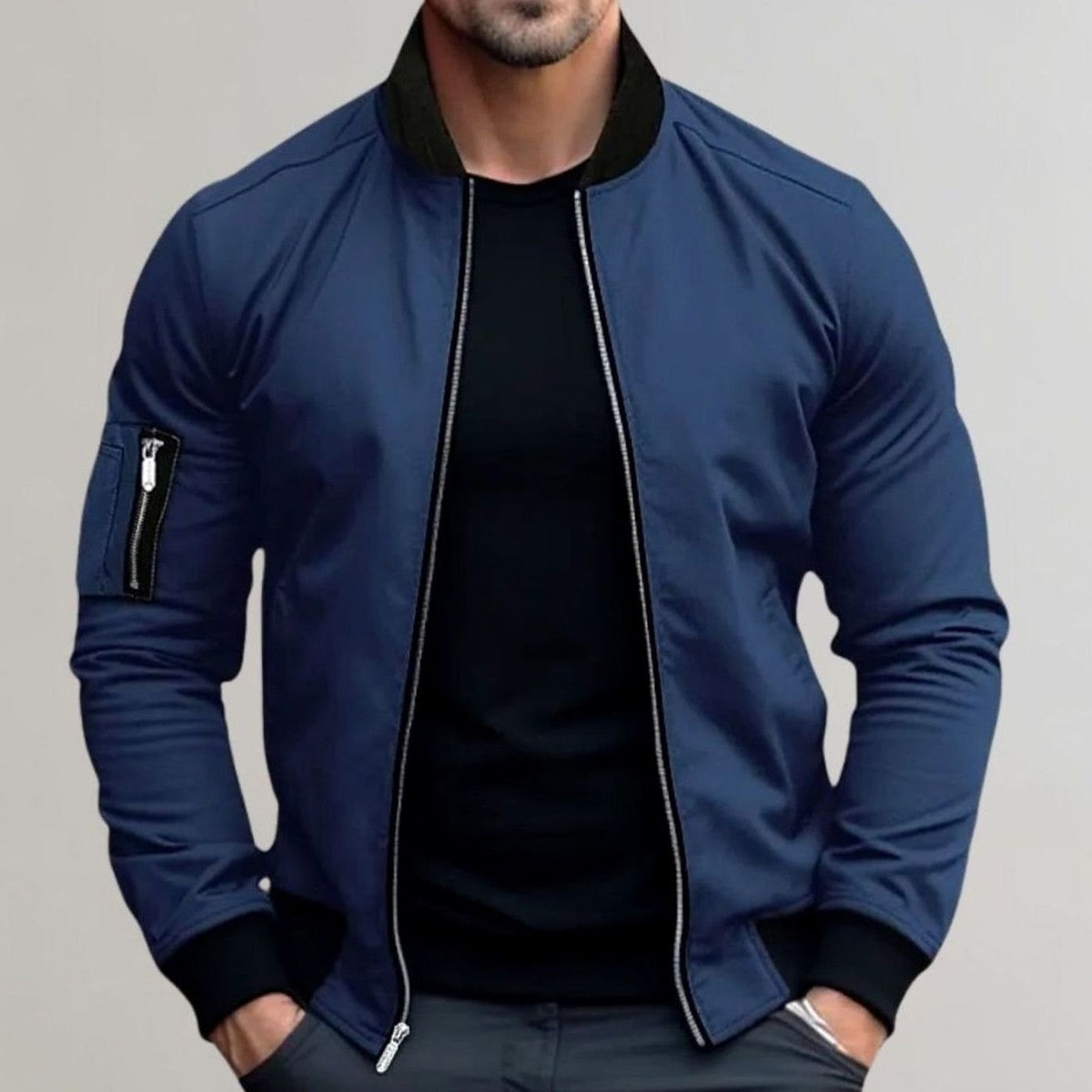 Classic Lightweight Flight Bomber Jacket with Ribbed Trims and Utility Arm Pocket