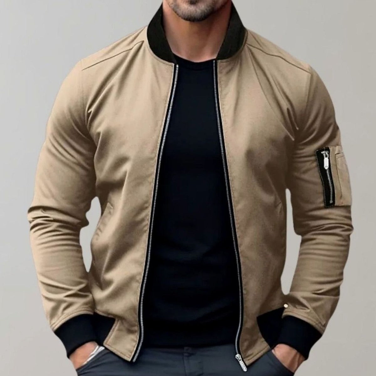 Classic Lightweight Flight Bomber Jacket with Ribbed Trims and Utility Arm Pocket