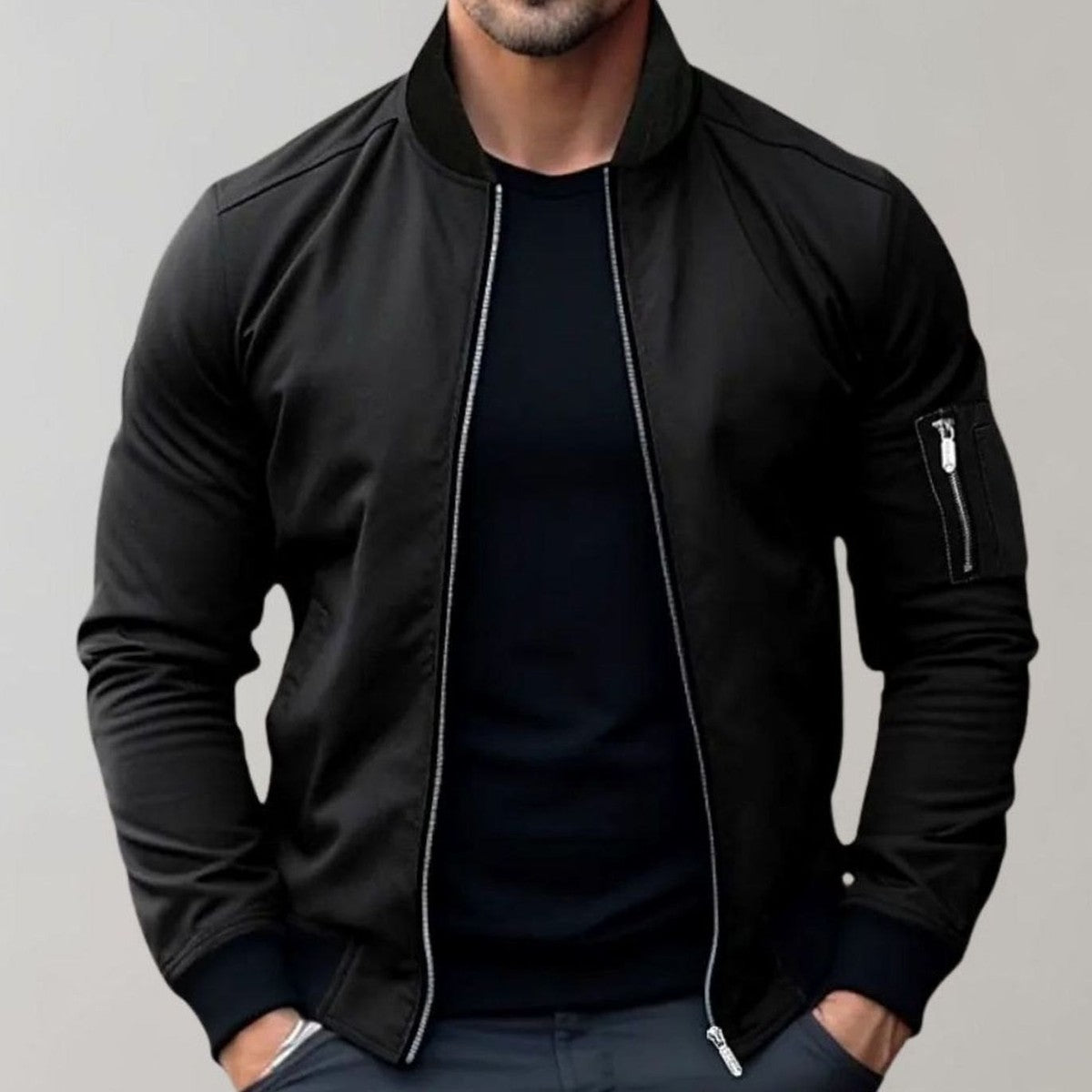 Classic Lightweight Flight Bomber Jacket with Ribbed Trims and Utility Arm Pocket