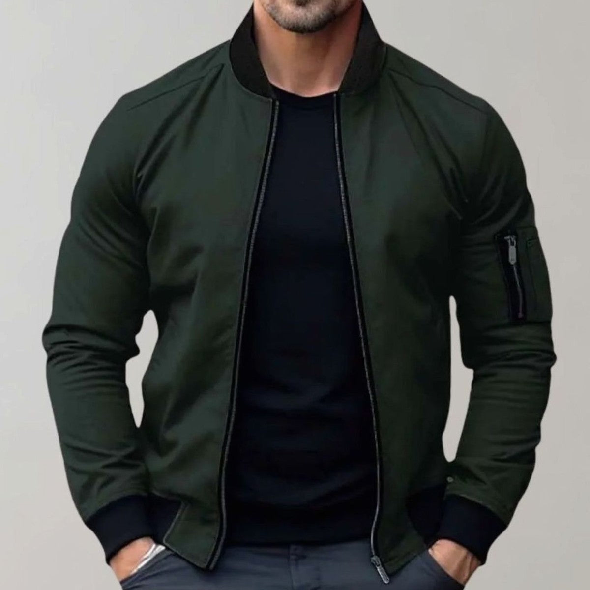 Classic Lightweight Flight Bomber Jacket with Ribbed Trims and Utility Arm Pocket