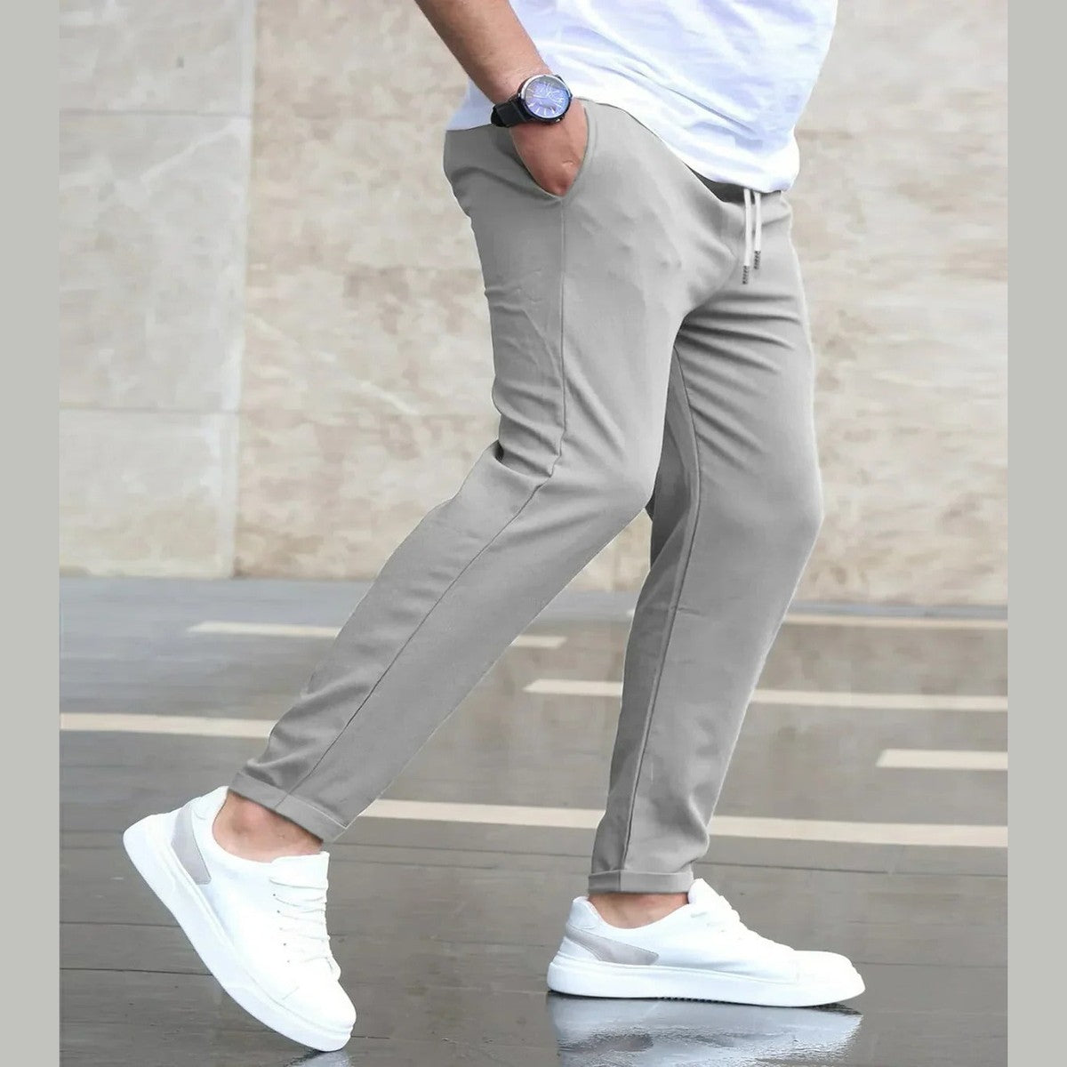 Men Casual Stretch Cargo Trousers with Zipper Pockets and Elastic Waistband