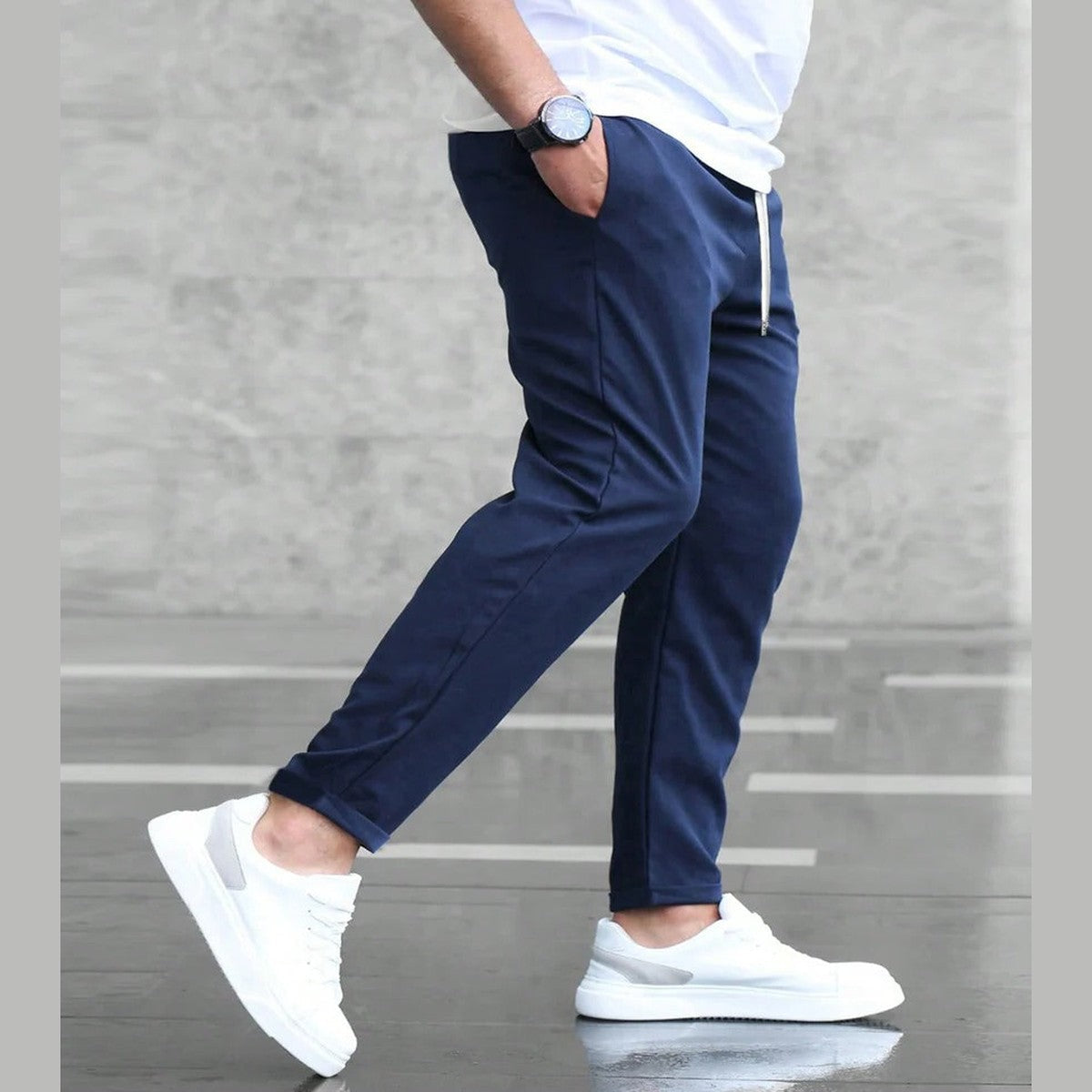 Men Casual Stretch Cargo Trousers with Zipper Pockets and Elastic Waistband