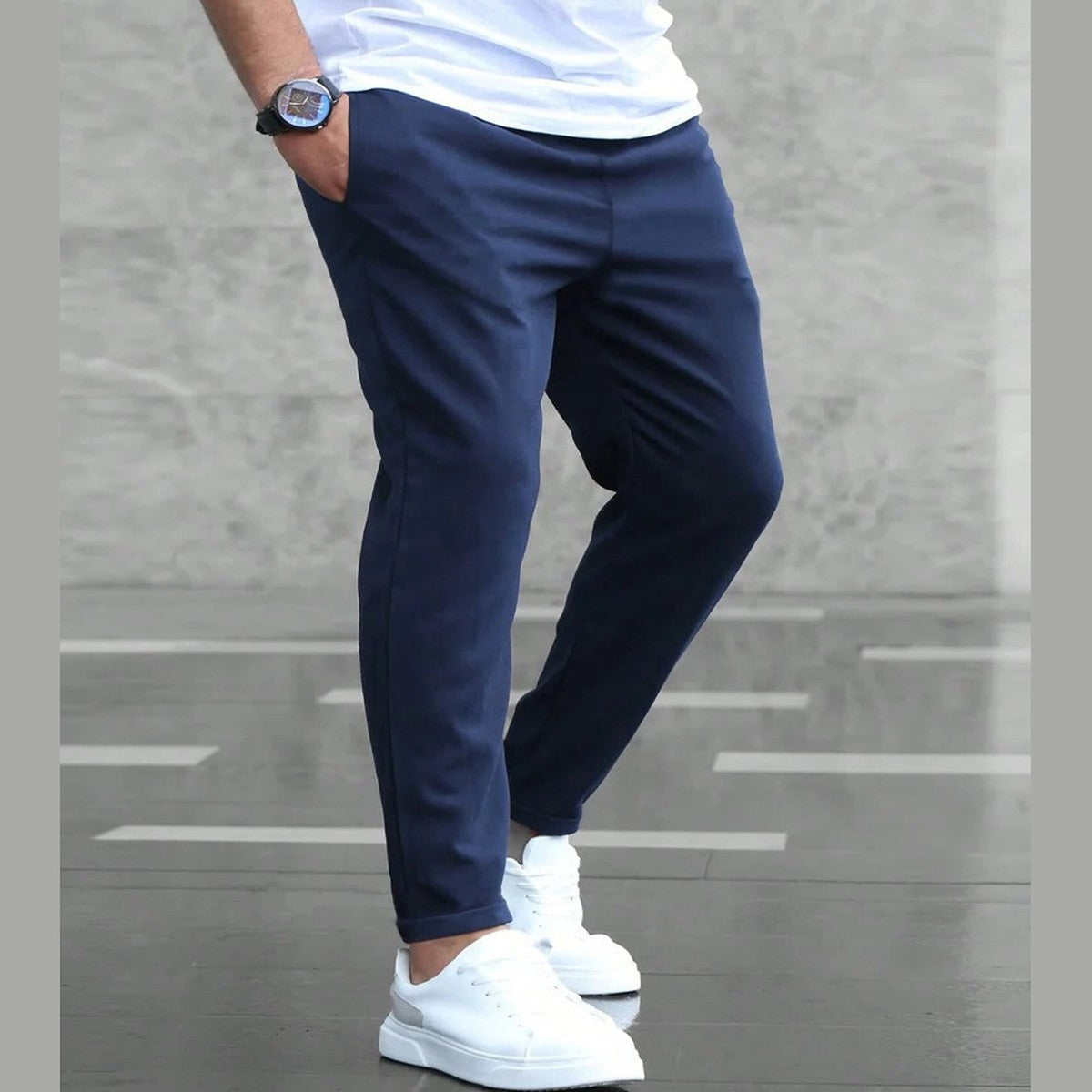 Men Casual Stretch Cargo Trousers with Zipper Pockets and Elastic Waistband