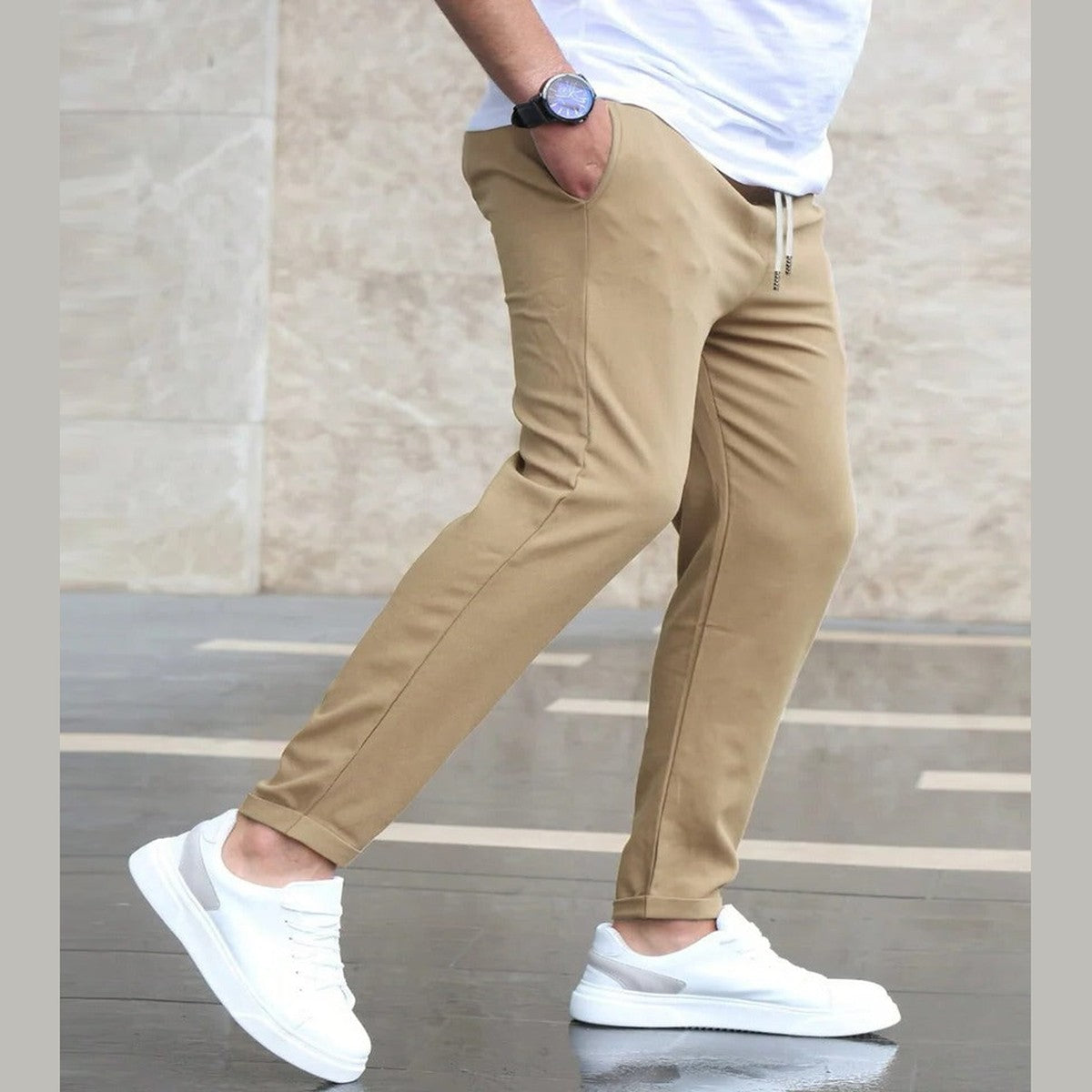 Men Casual Stretch Cargo Trousers with Zipper Pockets and Elastic Waistband