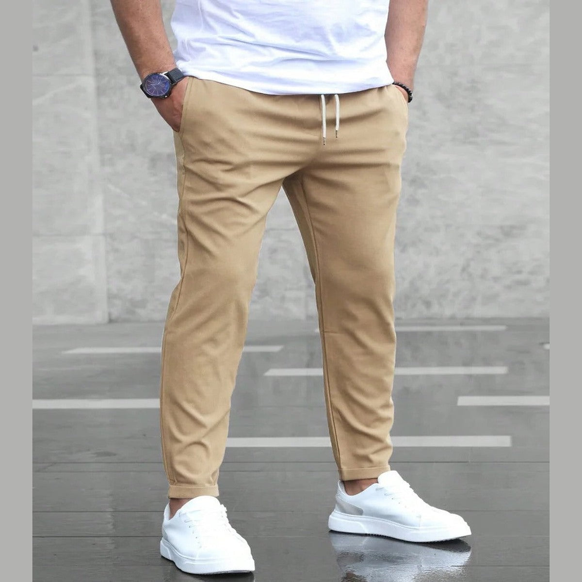 Men Casual Stretch Cargo Trousers with Zipper Pockets and Elastic Waistband