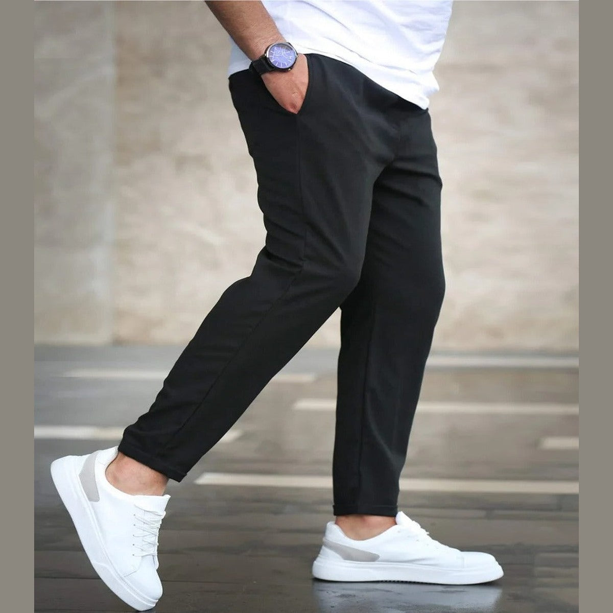 Men Casual Stretch Cargo Trousers with Zipper Pockets and Elastic Waistband