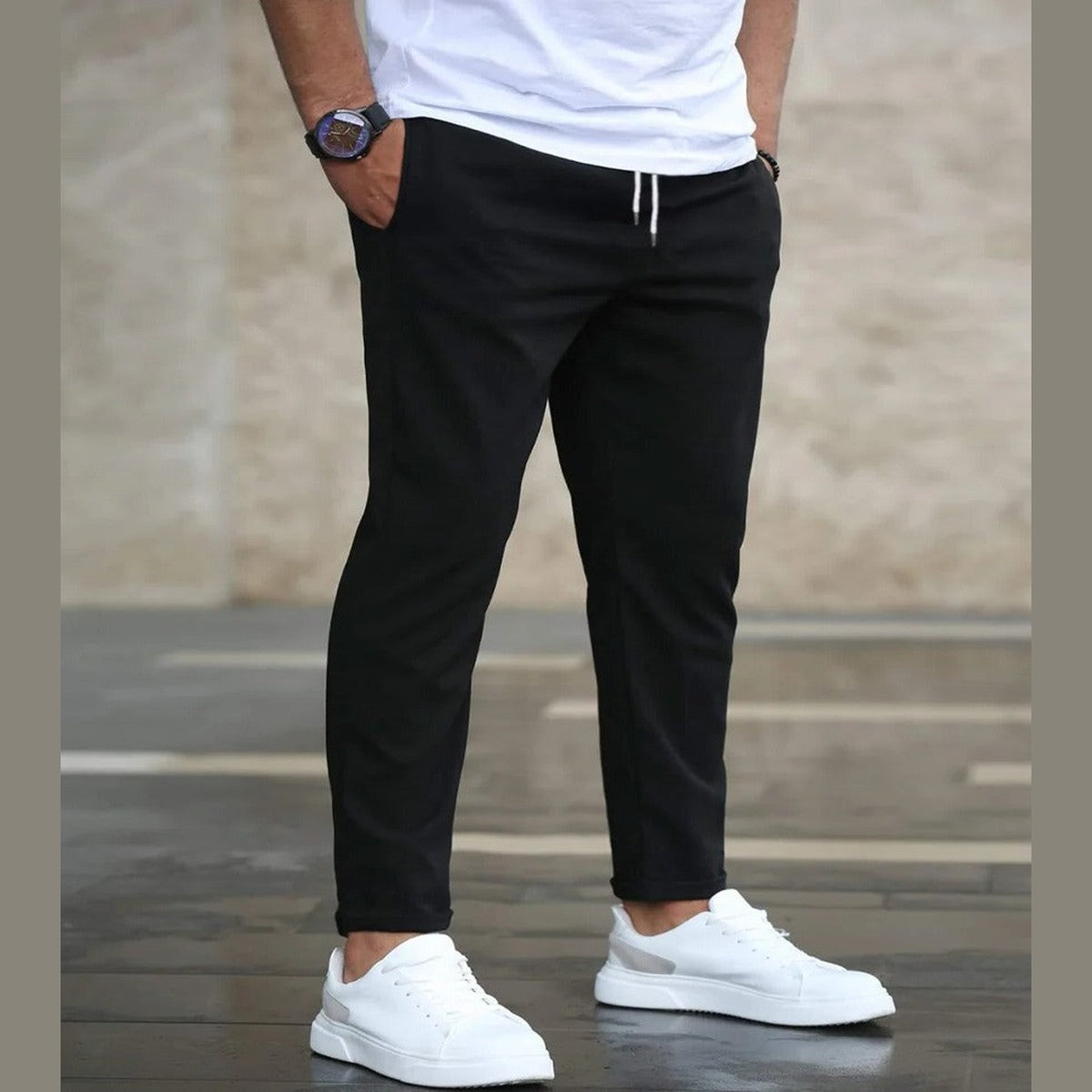 Men Casual Stretch Cargo Trousers with Zipper Pockets and Elastic Waistband