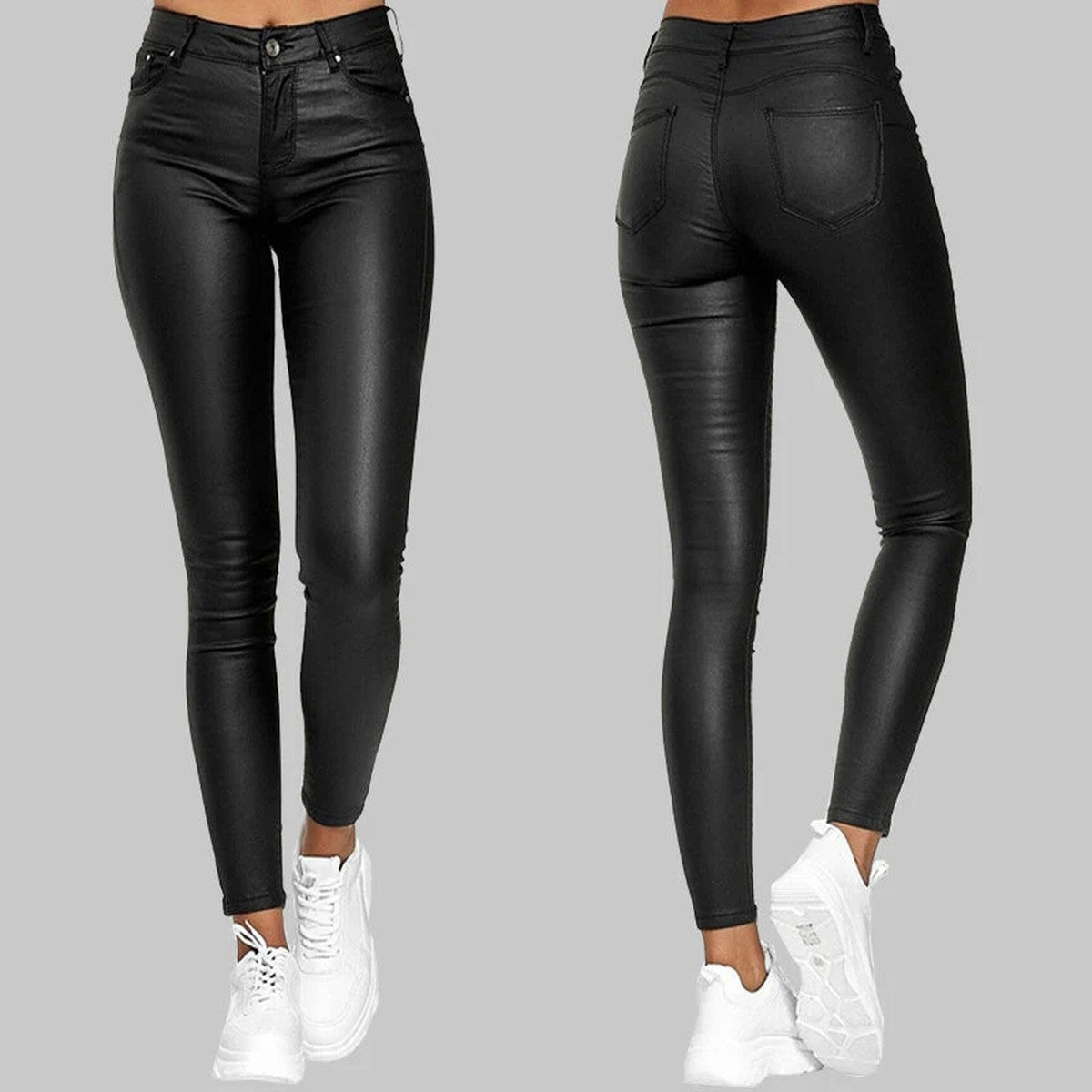 High Waisted Faux Leather Leggings with Stretchy Slim Fit Silhouette