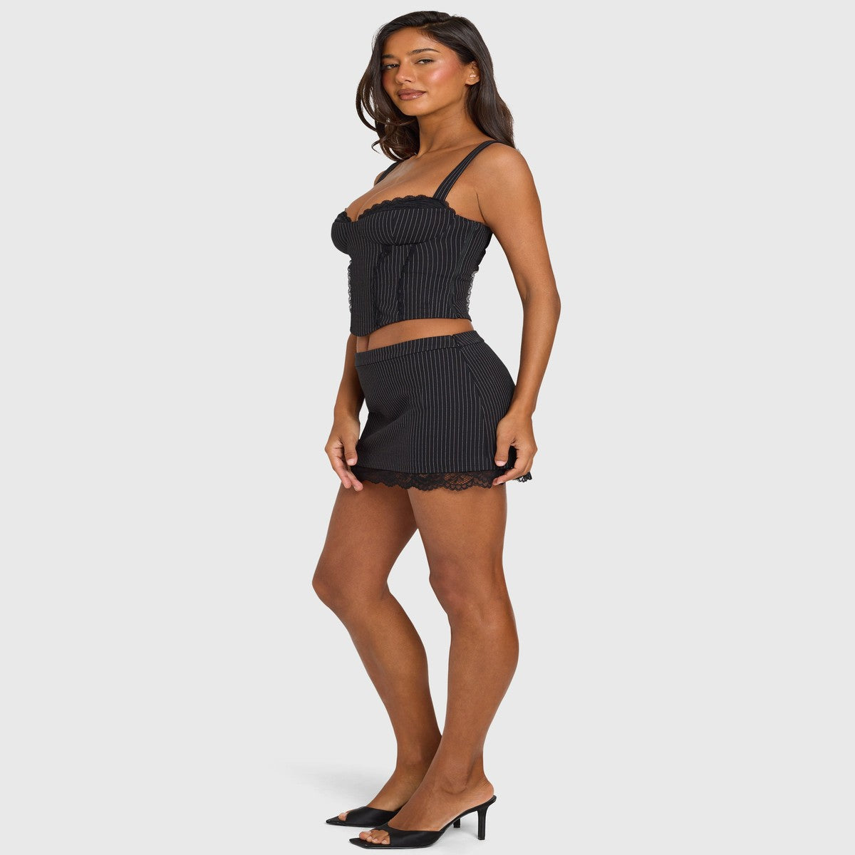 Black Pinstripe a Line Skirt with Delicate Floral Lace Hem Trim