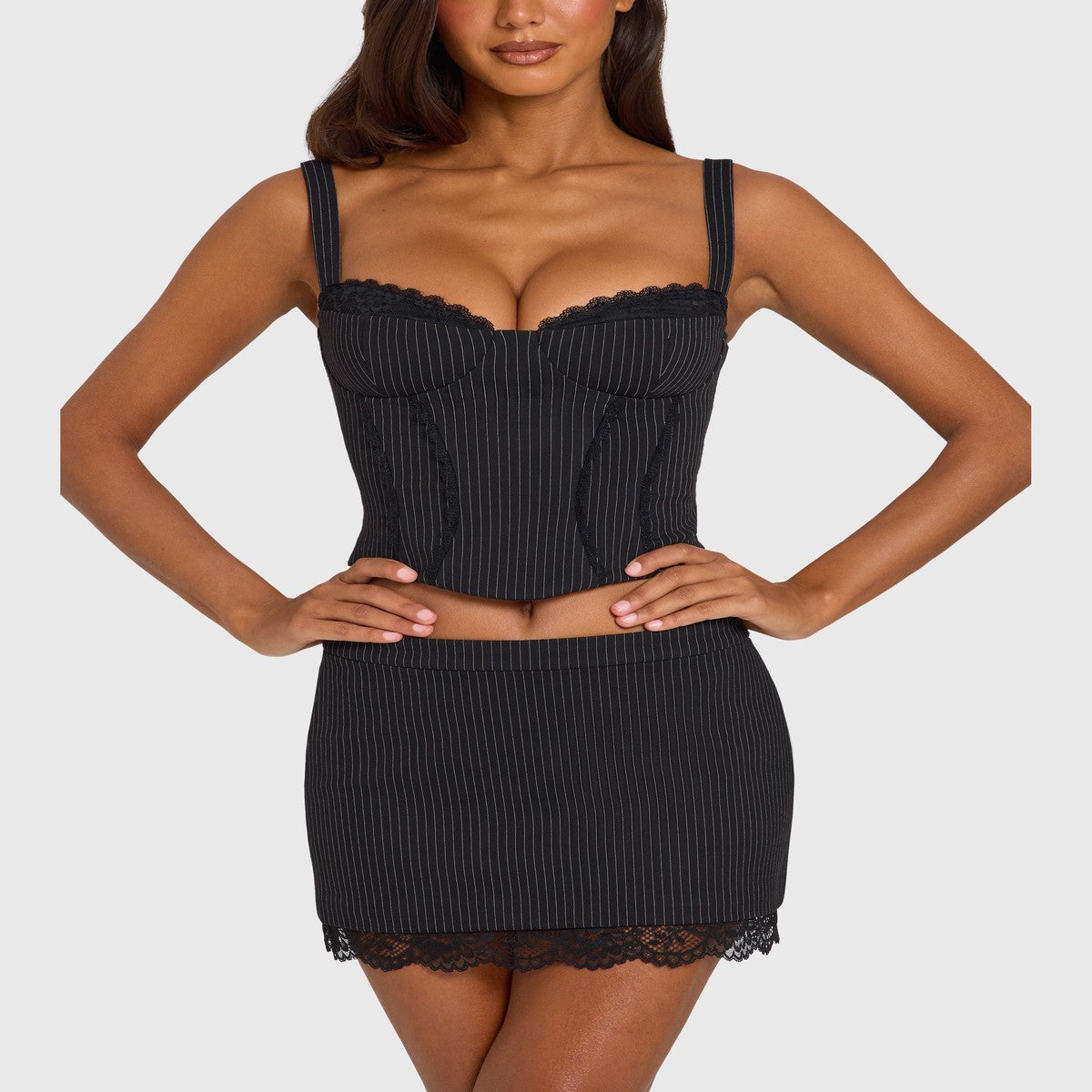 Black Pinstripe a Line Skirt with Delicate Floral Lace Hem Trim
