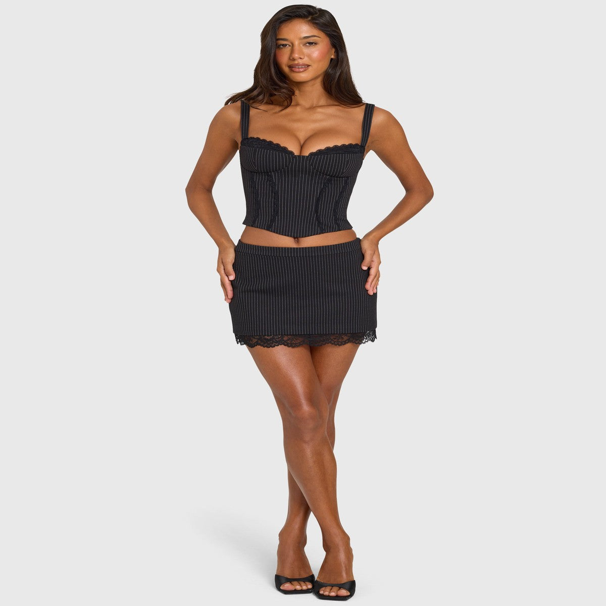 Black Pinstripe a Line Skirt with Delicate Floral Lace Hem Trim