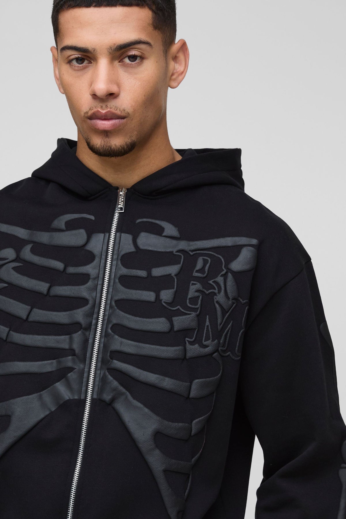 Skeleton Puff Print Zip Hoodie with Brushback Fleece and Drawstring Hood