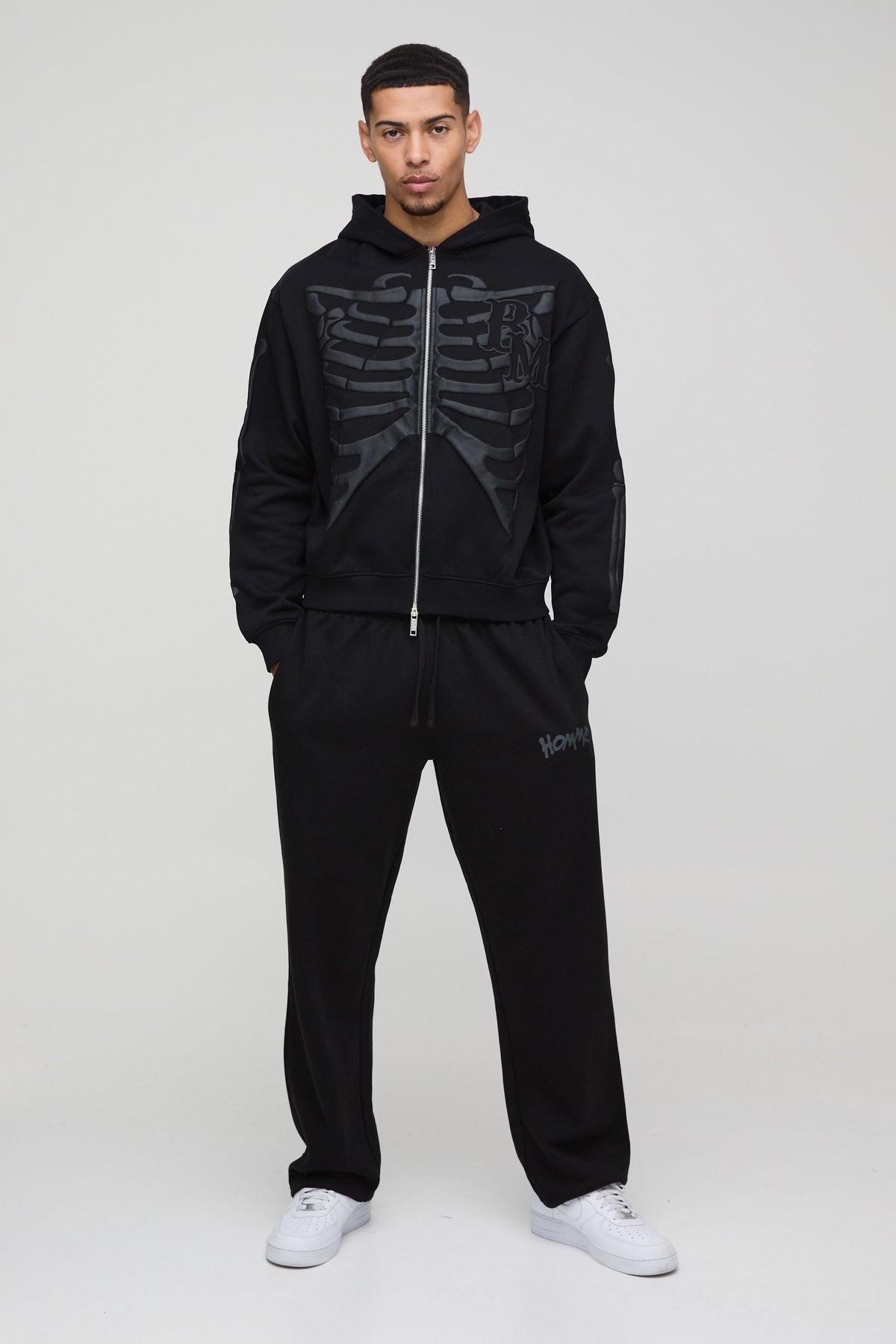 Skeleton Puff Print Zip Hoodie with Brushback Fleece and Drawstring Hood
