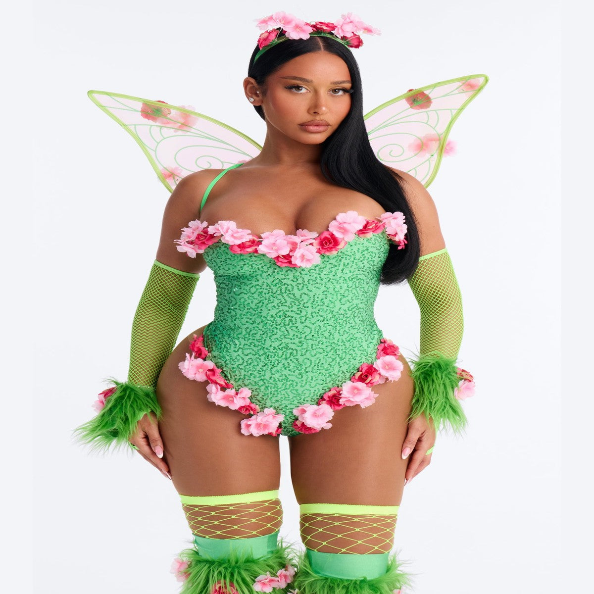 Women Green Fairy Costume Set with Wings and Feather Trim