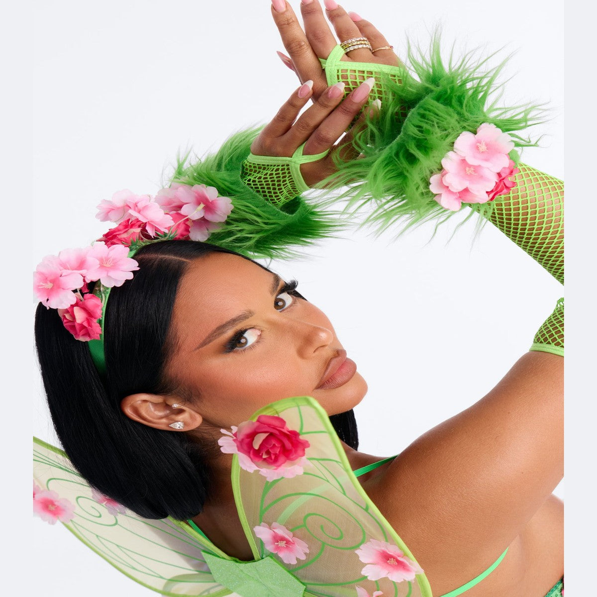 Women Green Fairy Costume Set with Wings and Feather Trim