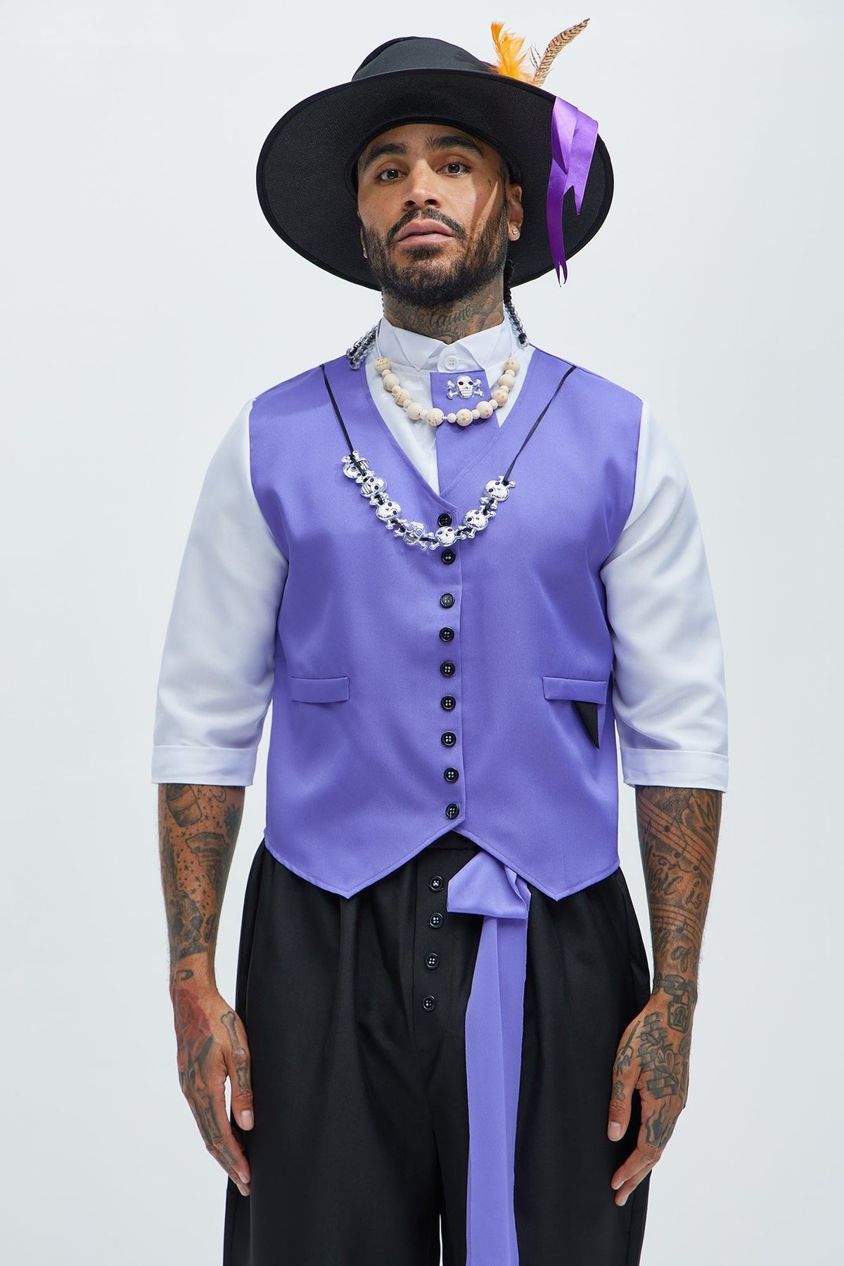 Priest Costume for Men with Purple Velvet Coat and Matching Top Hat