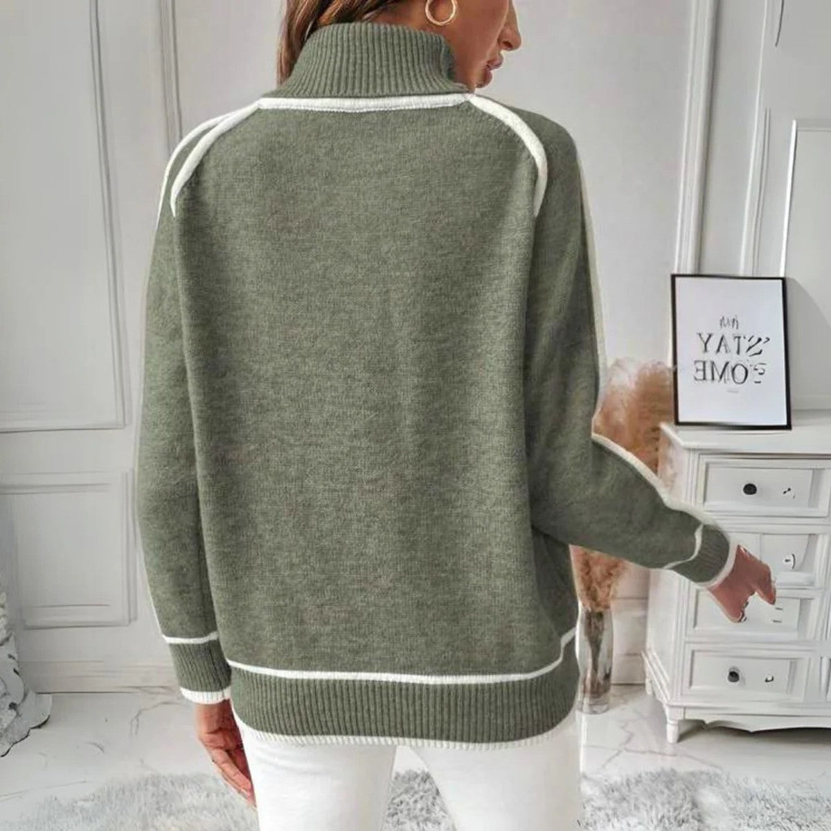 Women Loose Fit Pullover Sweater with Ribbed Long Sleeves in Olive Green
