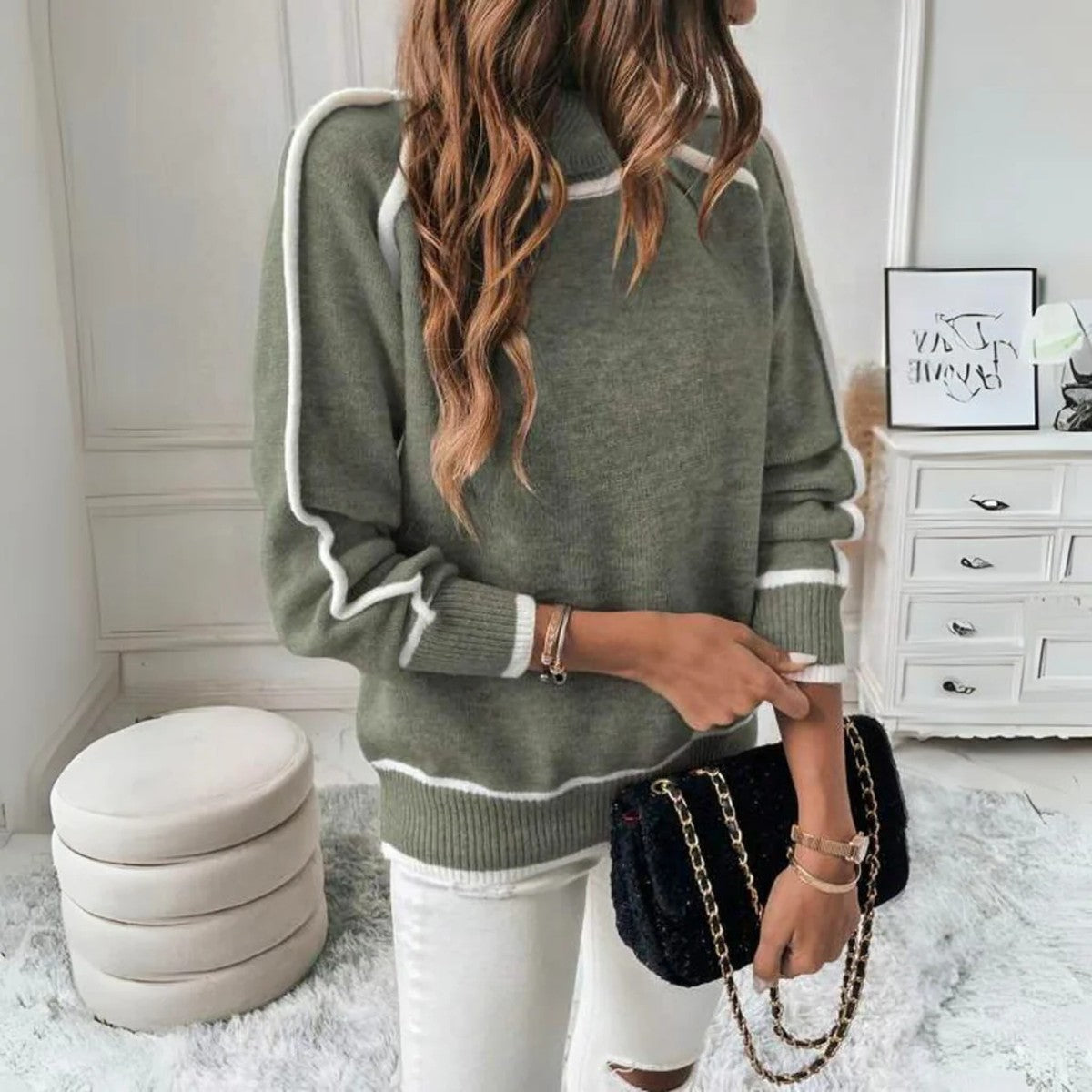 Women Loose Fit Pullover Sweater with Ribbed Long Sleeves in Olive Green