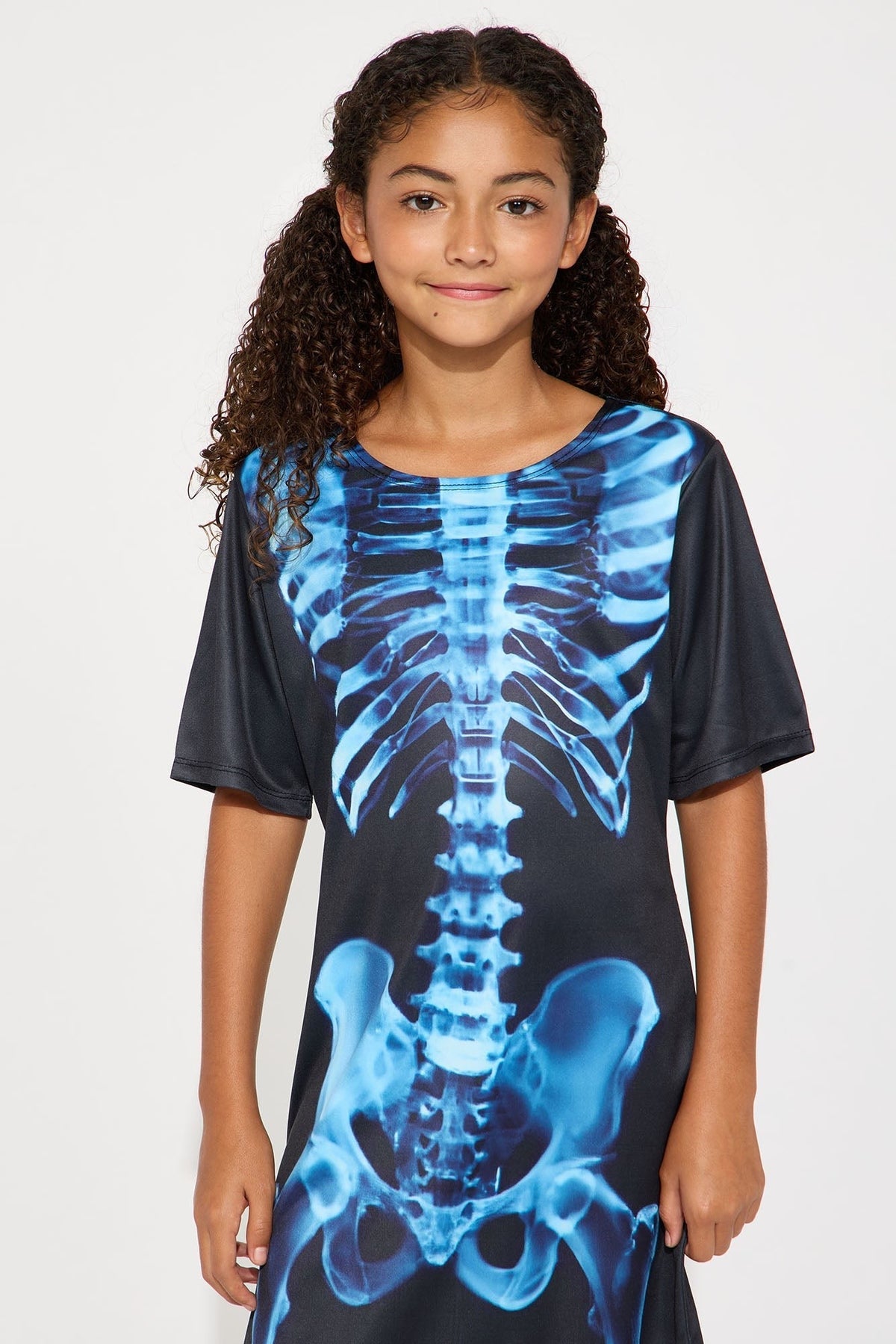 Children's Black Skeleton Bone Dress with Short Sleeves and Front Pockets