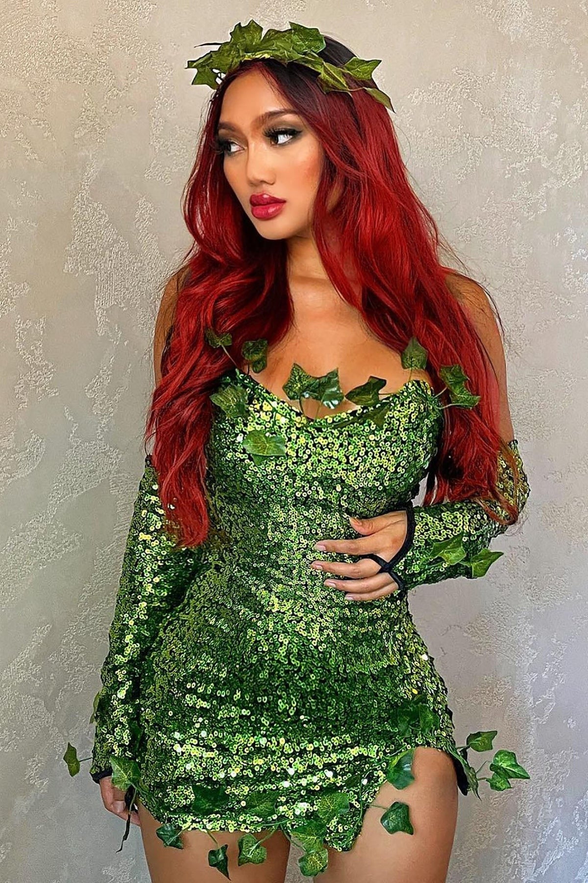 Green Ivy Costume Set with Arm Wraps and Leaf Headpiece for Women