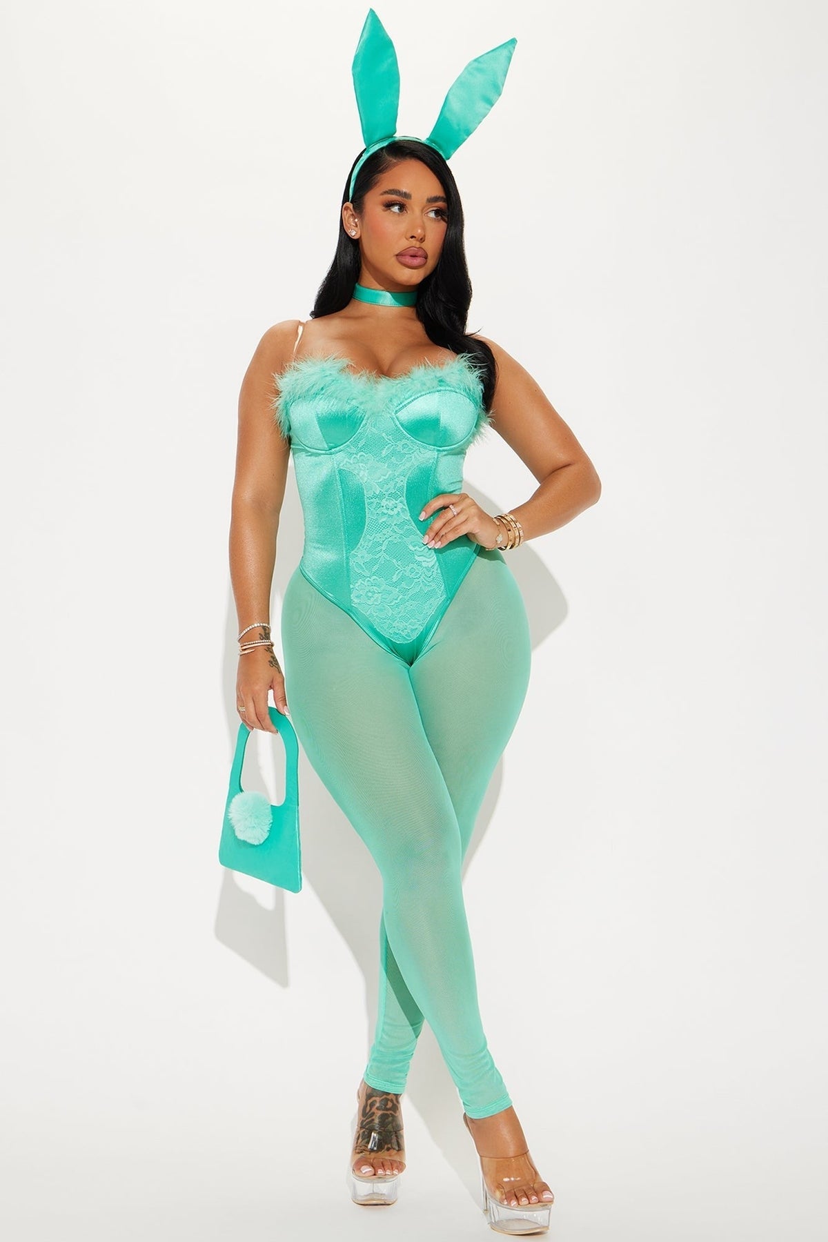 Strapless Bunny Costume Set with Ear Headband and Leggings, Five Piece Bundle