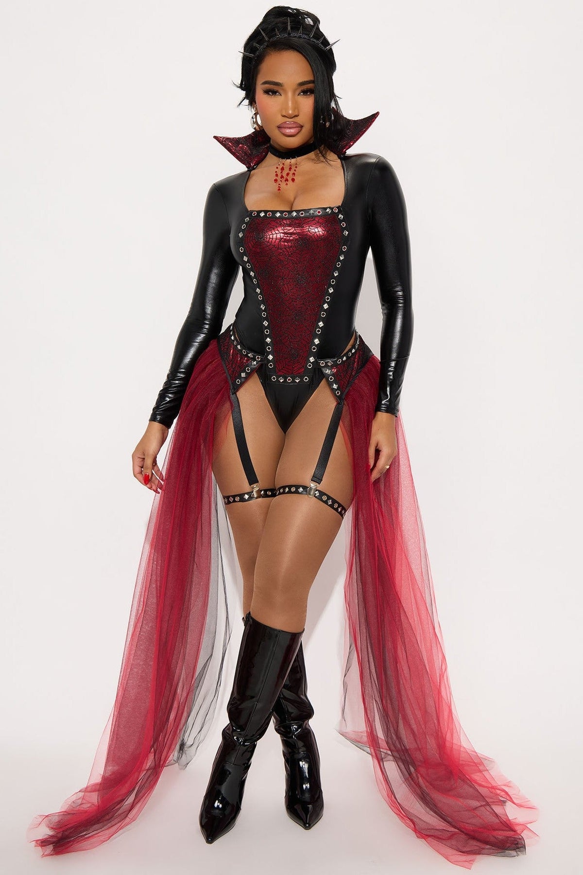 Vampire Queen Halloween Costume Set with Lace Bodysuit and Sheer Overskirt