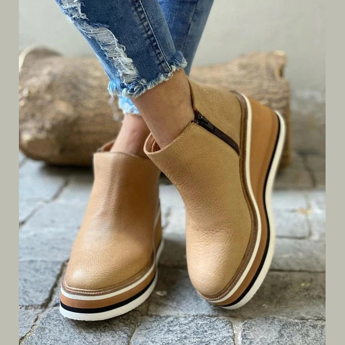 Women Lace Up Ankle Boots with Perforated Breathable Pattern and Low Block Heel