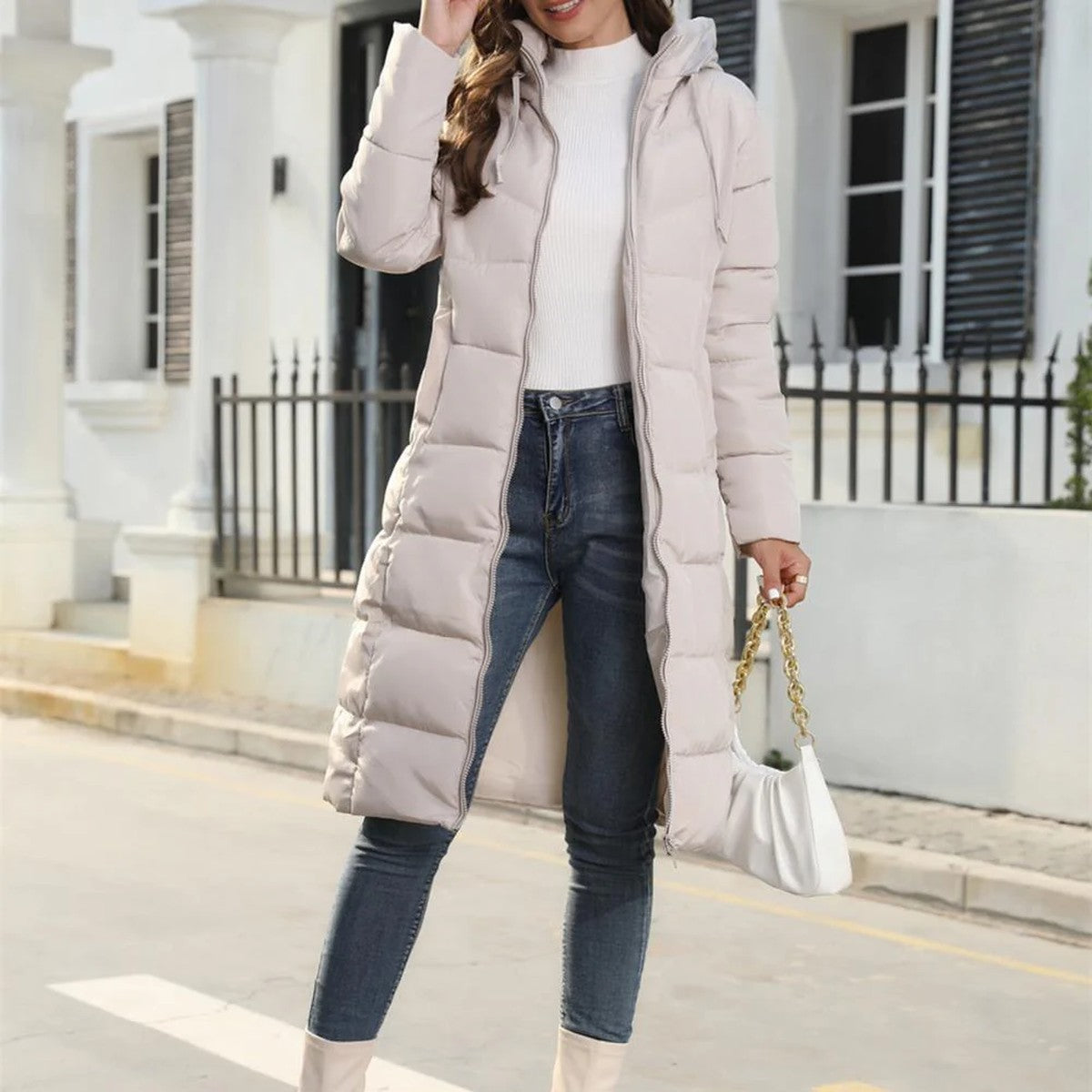 Women Long Quilted Puffer Coat with Hood and Waist Belt