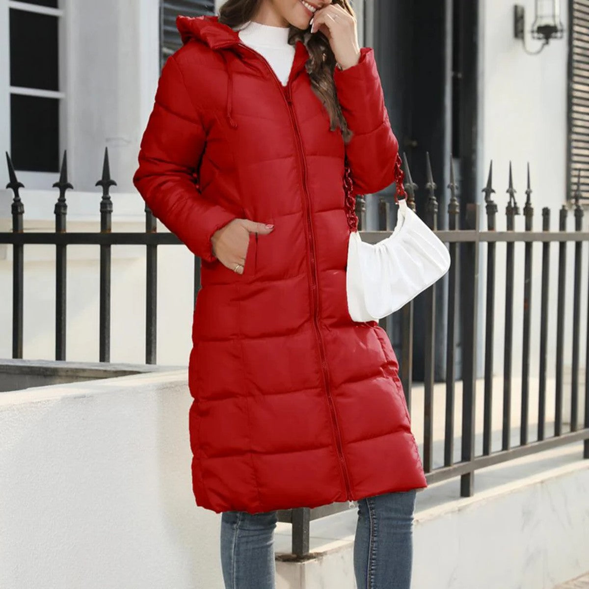 Women Long Quilted Puffer Coat with Hood and Waist Belt