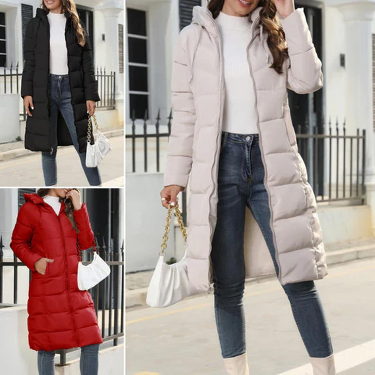 Women Long Quilted Puffer Coat with Hood and Waist Belt