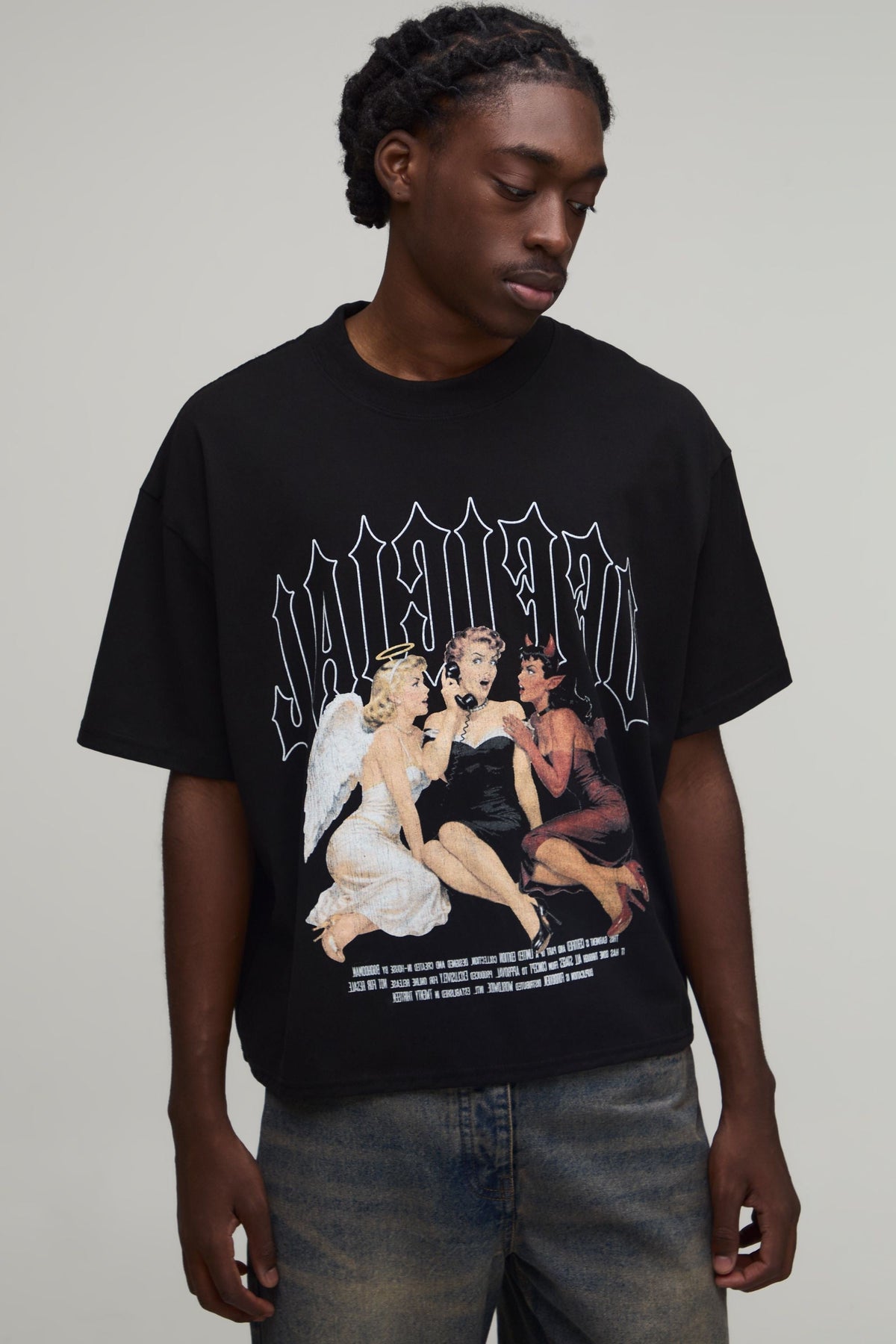 Oversized Boxy Tee with Gothic Chest Graphic and Dropped Shoulders, Cropped Length