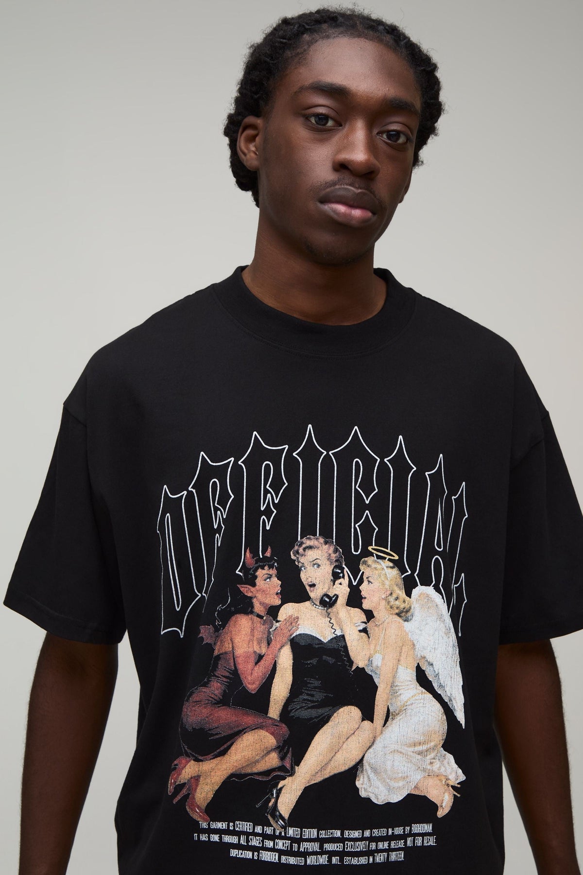Oversized Boxy Tee with Gothic Chest Graphic and Dropped Shoulders, Cropped Length