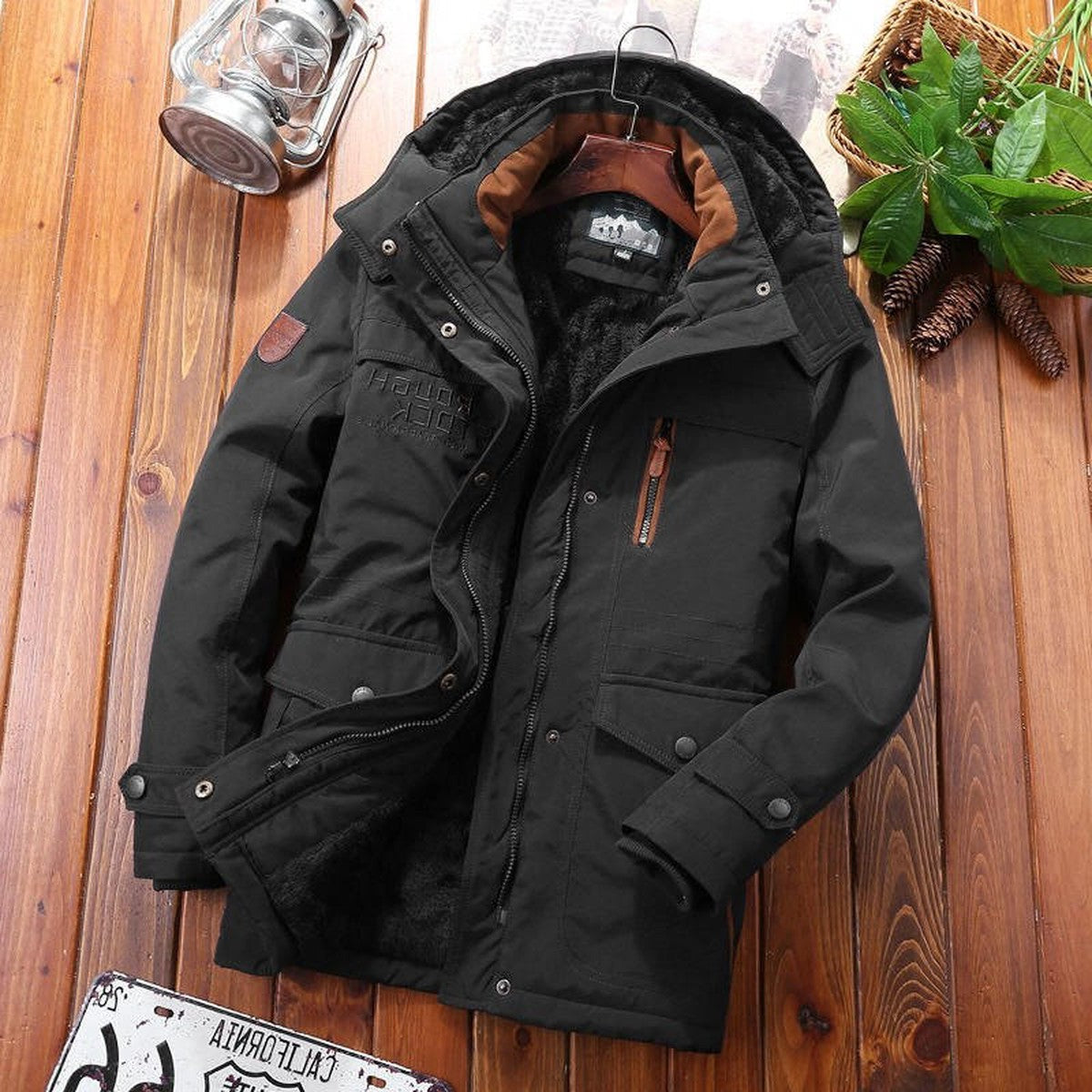 Men Fleece Lined Winter Utility Parka Jacket with Multiple Cargo Pockets