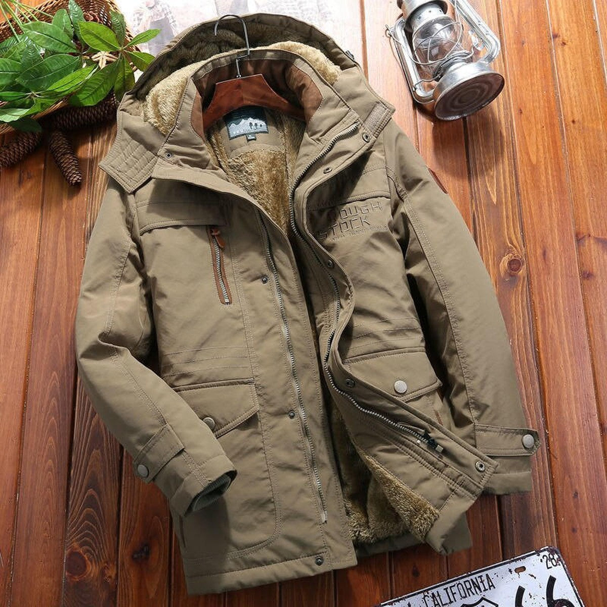 Men Fleece Lined Winter Utility Parka Jacket with Multiple Cargo Pockets