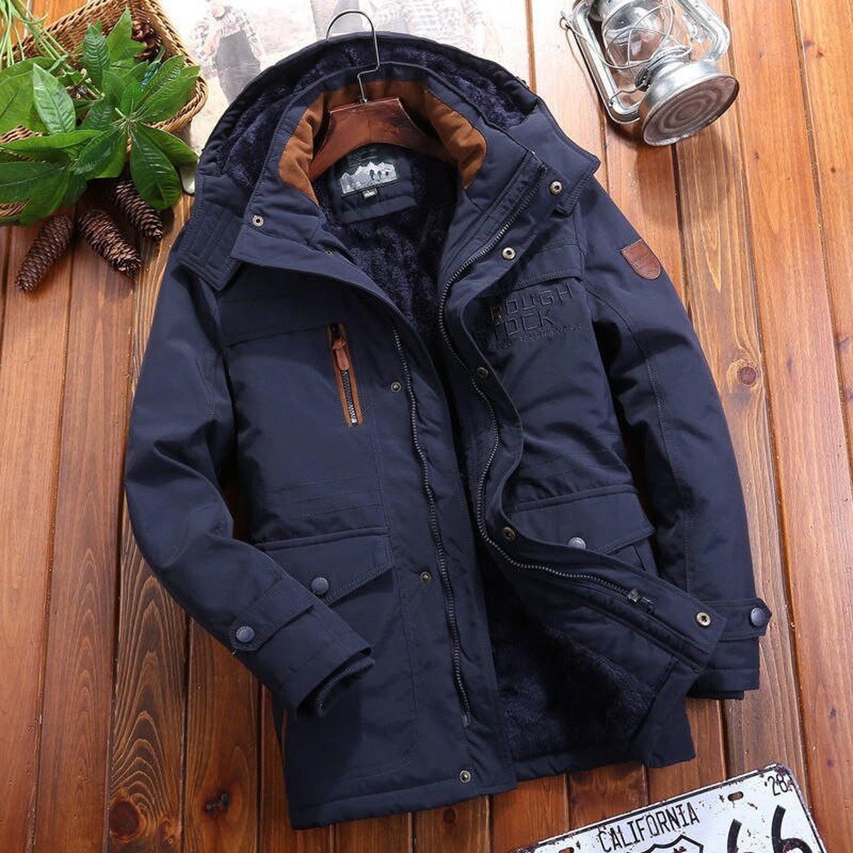 Men Fleece Lined Winter Utility Parka Jacket with Multiple Cargo Pockets
