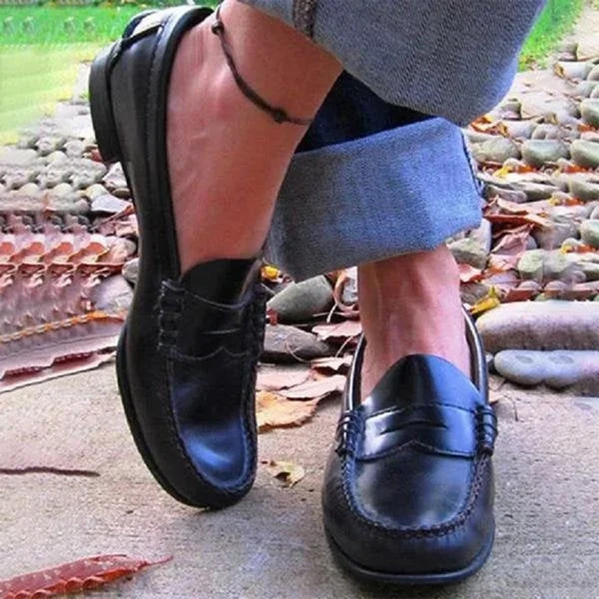 Womens Vintage Penny Loafers with Textured Faux Leather and Low Heel