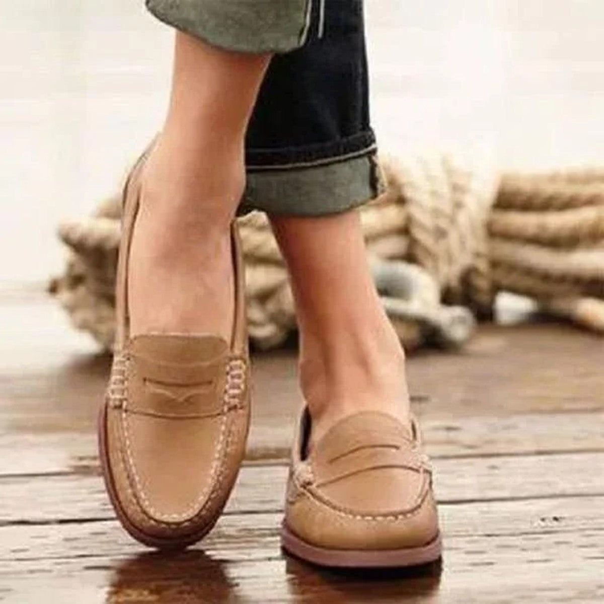 Womens Vintage Penny Loafers with Textured Faux Leather and Low Heel