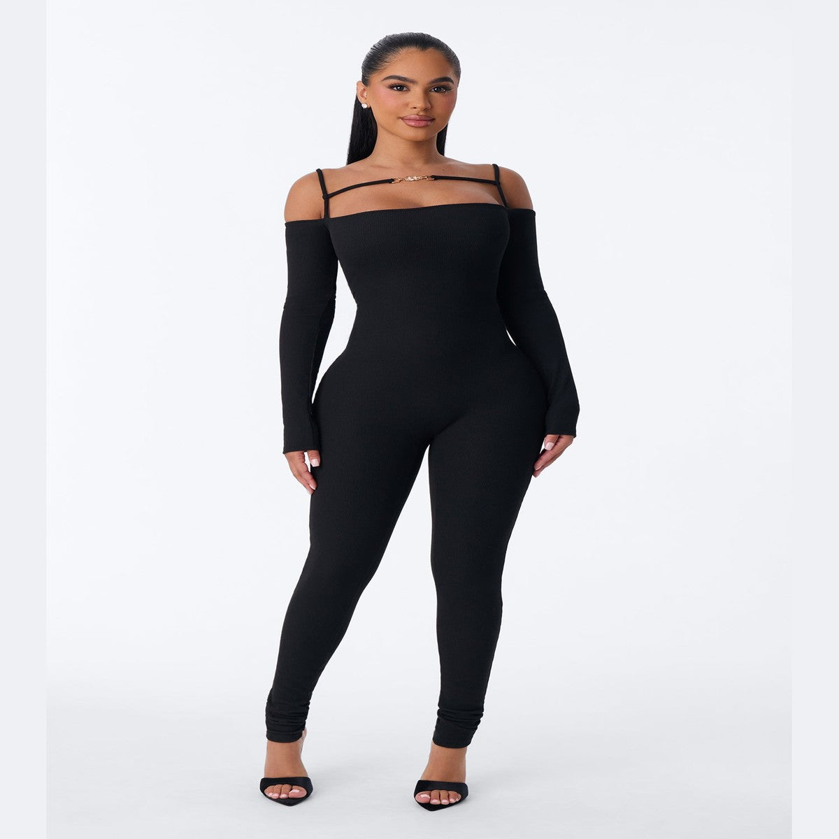 Sleeveless Mock Neck Ribbed Knit Catsuit in Black with Full Length Fitted Legs