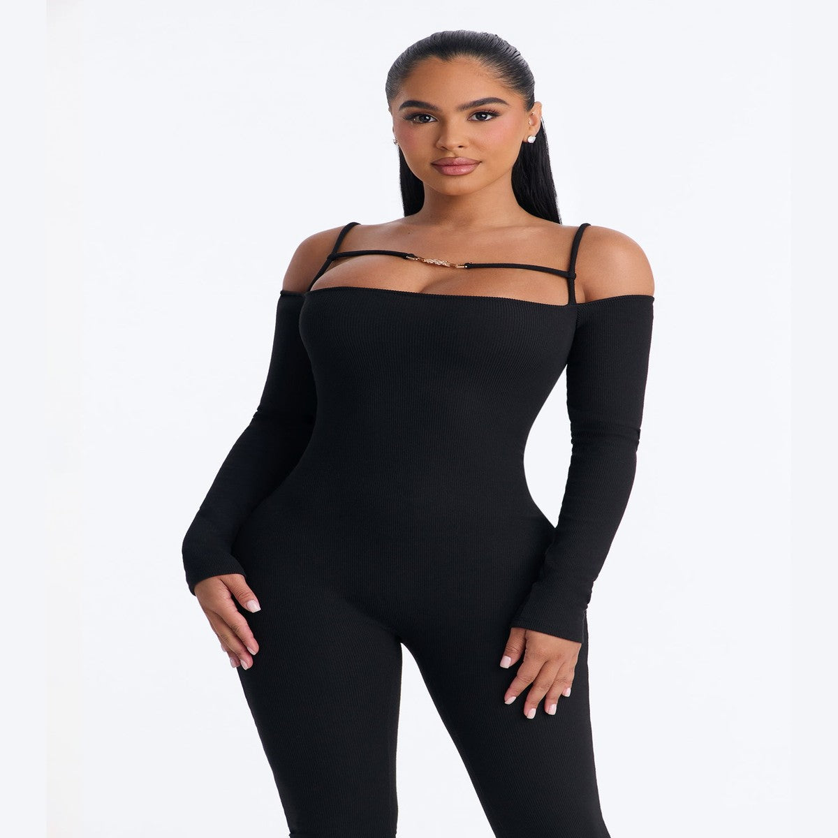 Sleeveless Mock Neck Ribbed Knit Catsuit in Black with Full Length Fitted Legs