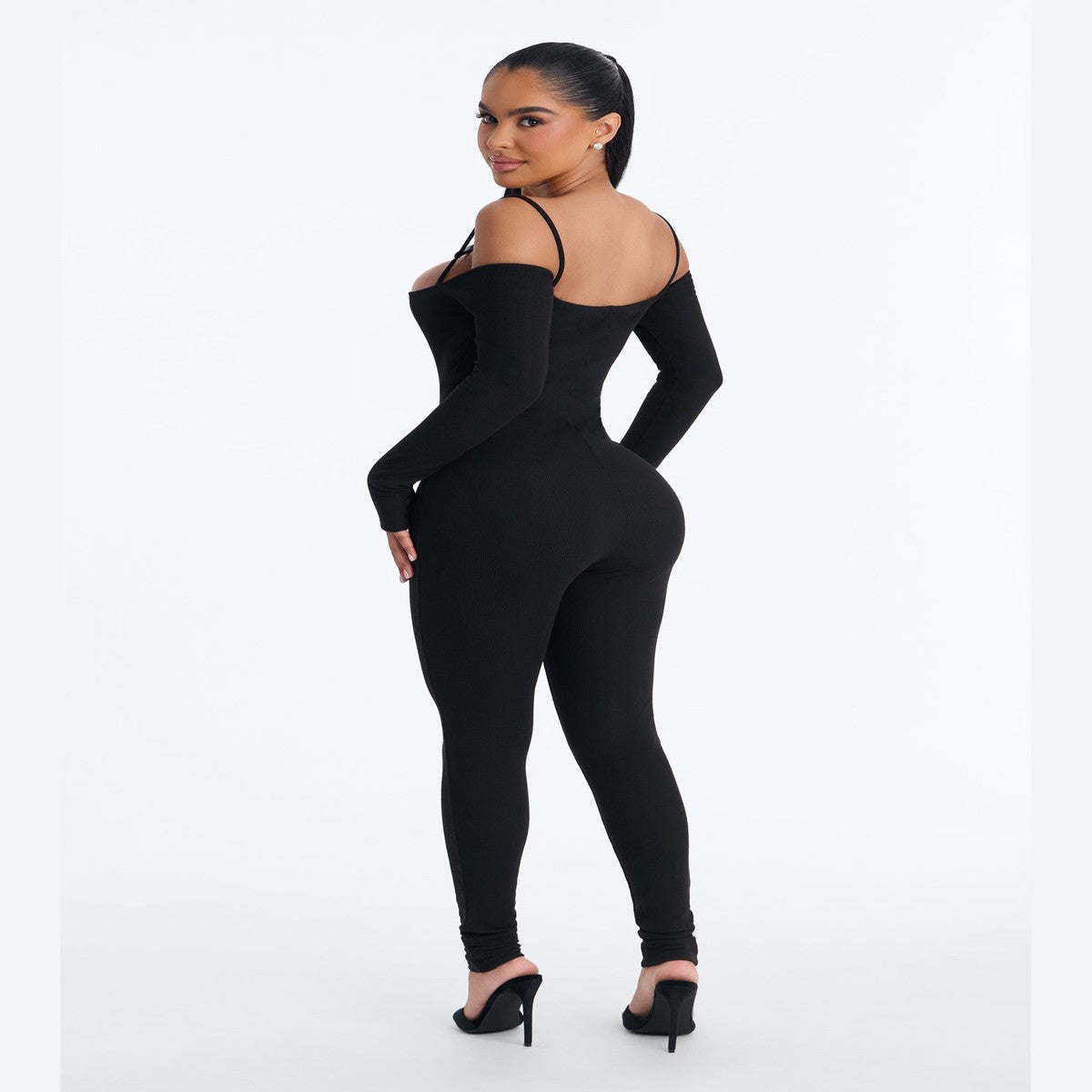 Sleeveless Mock Neck Ribbed Knit Catsuit in Black with Full Length Fitted Legs