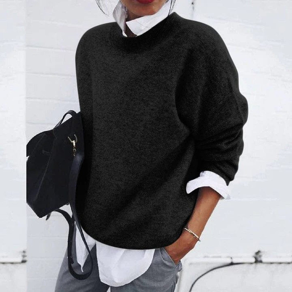 Long Sleeve Knitted Polo Sweater with Lapel Collar and Button Front