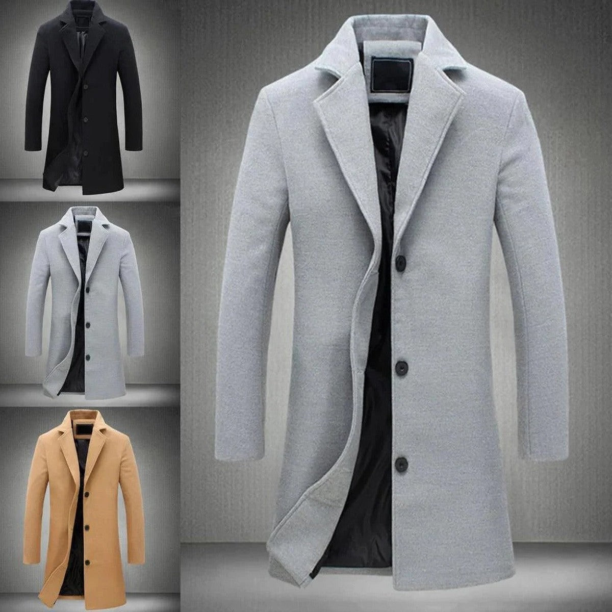 Double Breasted Wool Blend Trench Overcoat with Lapel Collar for Men