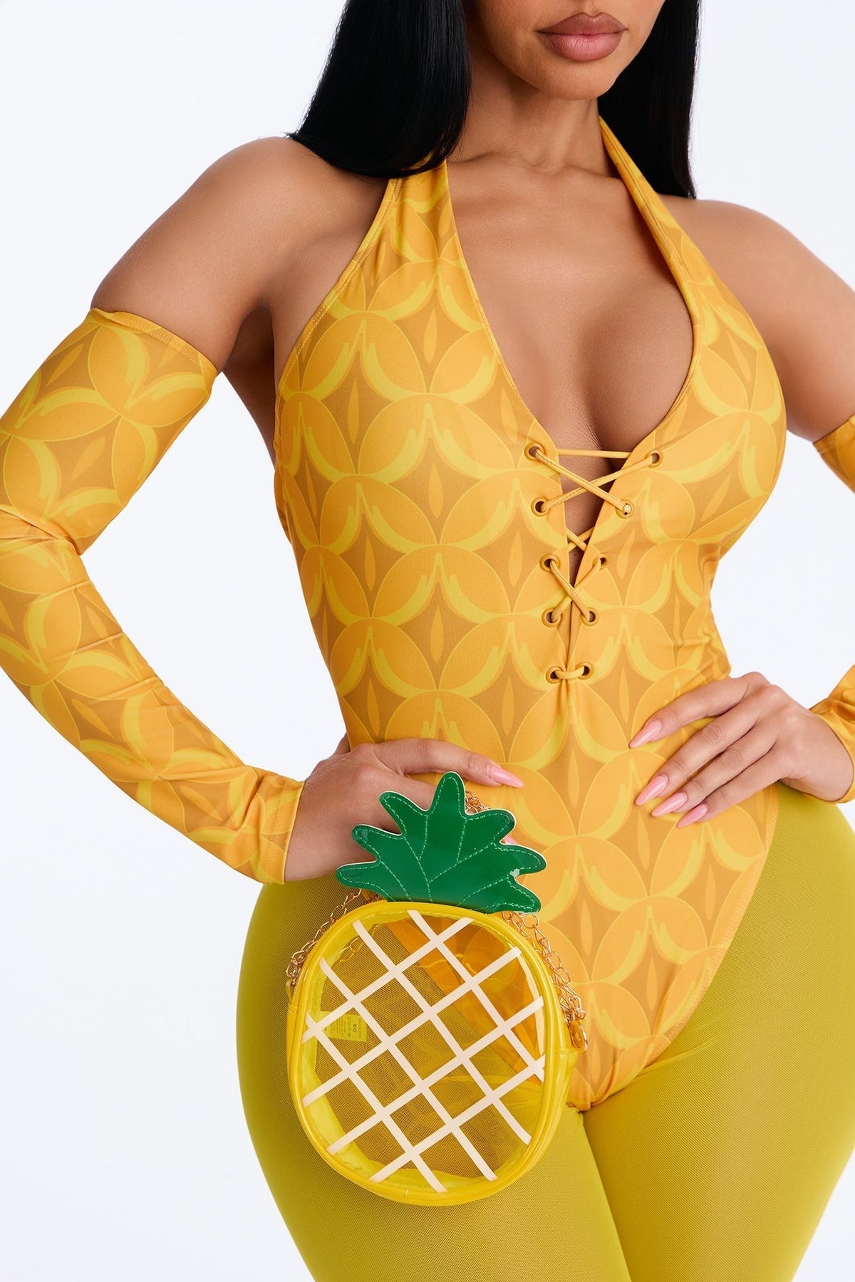 Five Piece Yellow Costume Set with Bodysuit, Leggings and Pineapple Bag