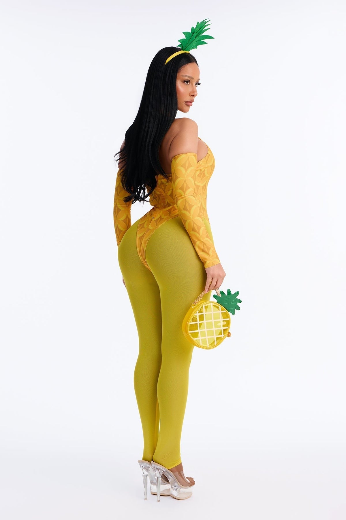 Five Piece Yellow Costume Set with Bodysuit, Leggings and Pineapple Bag